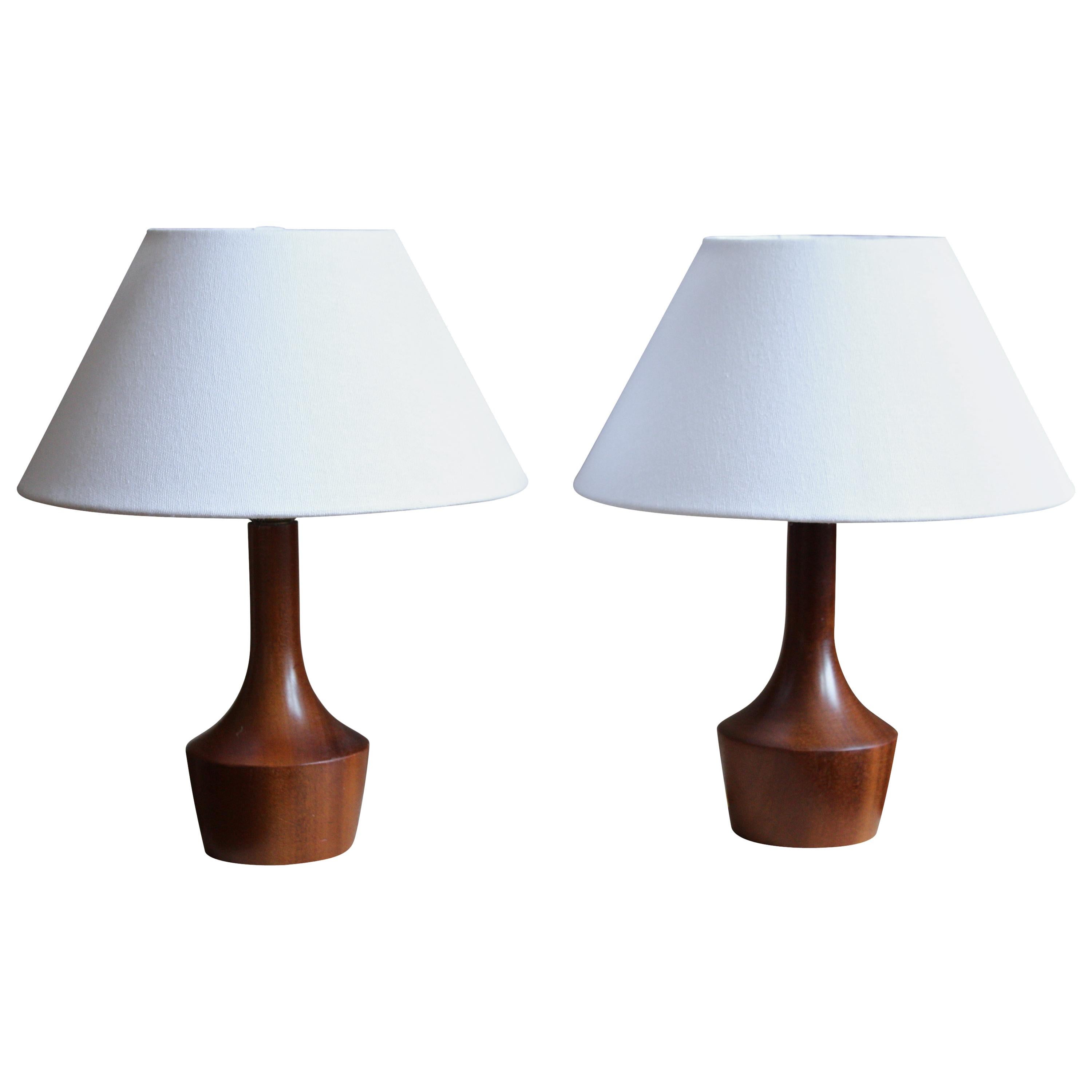 Swedish Designer, Minimalist Table Lamps, Solid Teak, Fabric, Sweden, 1960s