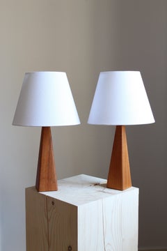 Swedish Designer, Minimalist Table Lamps, Solid Teak, Linen, Sweden, 1960s