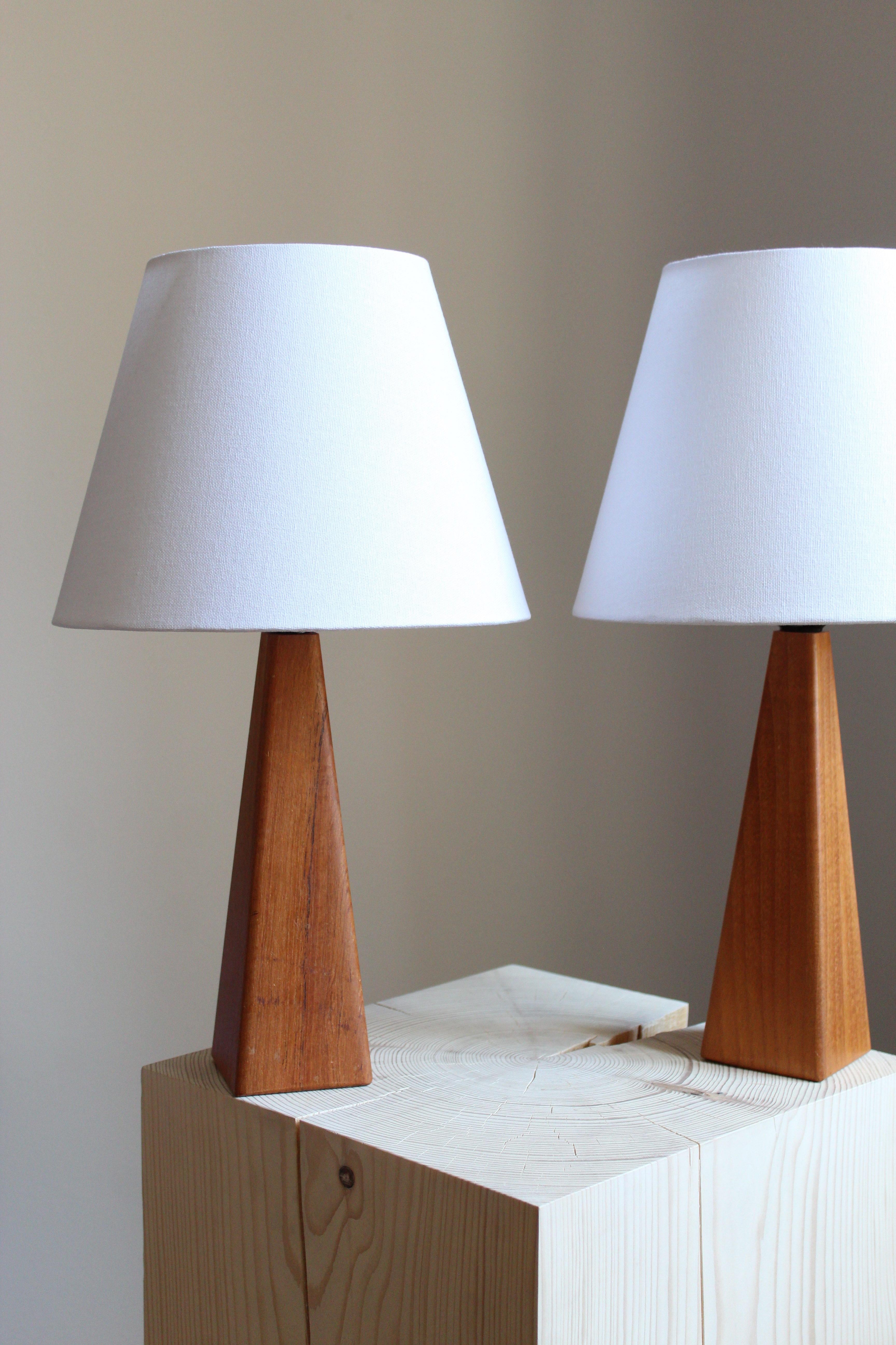 Mid-Century Modern Swedish Designer, Minimalist Table Lamps, Solid Teak, Linen, Sweden, 1960s