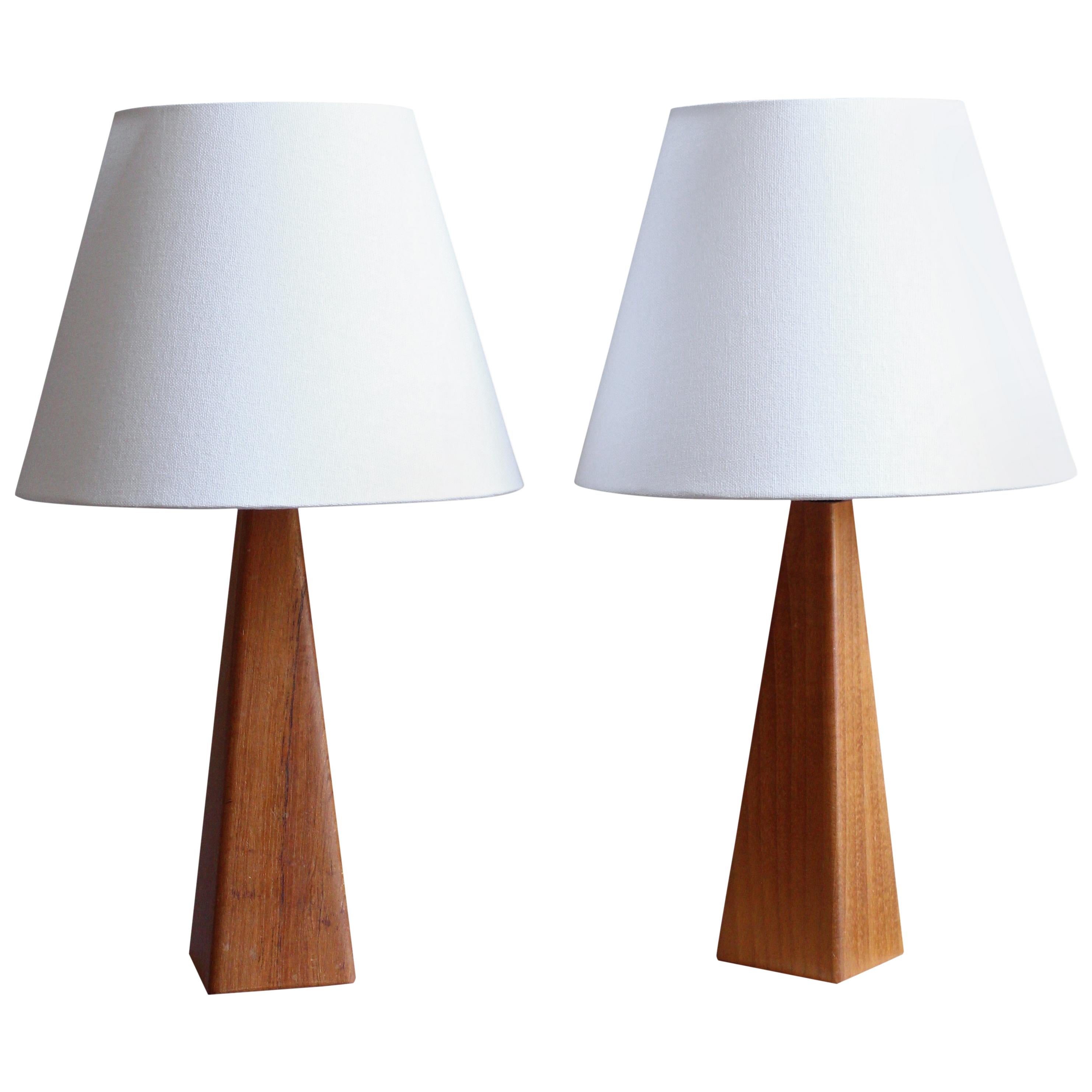 Swedish Designer, Minimalist Table Lamps, Solid Teak, Linen, Sweden, 1960s