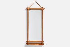 Swedish Designer, Mirror, Pine, Leather, Sweden, 1960s