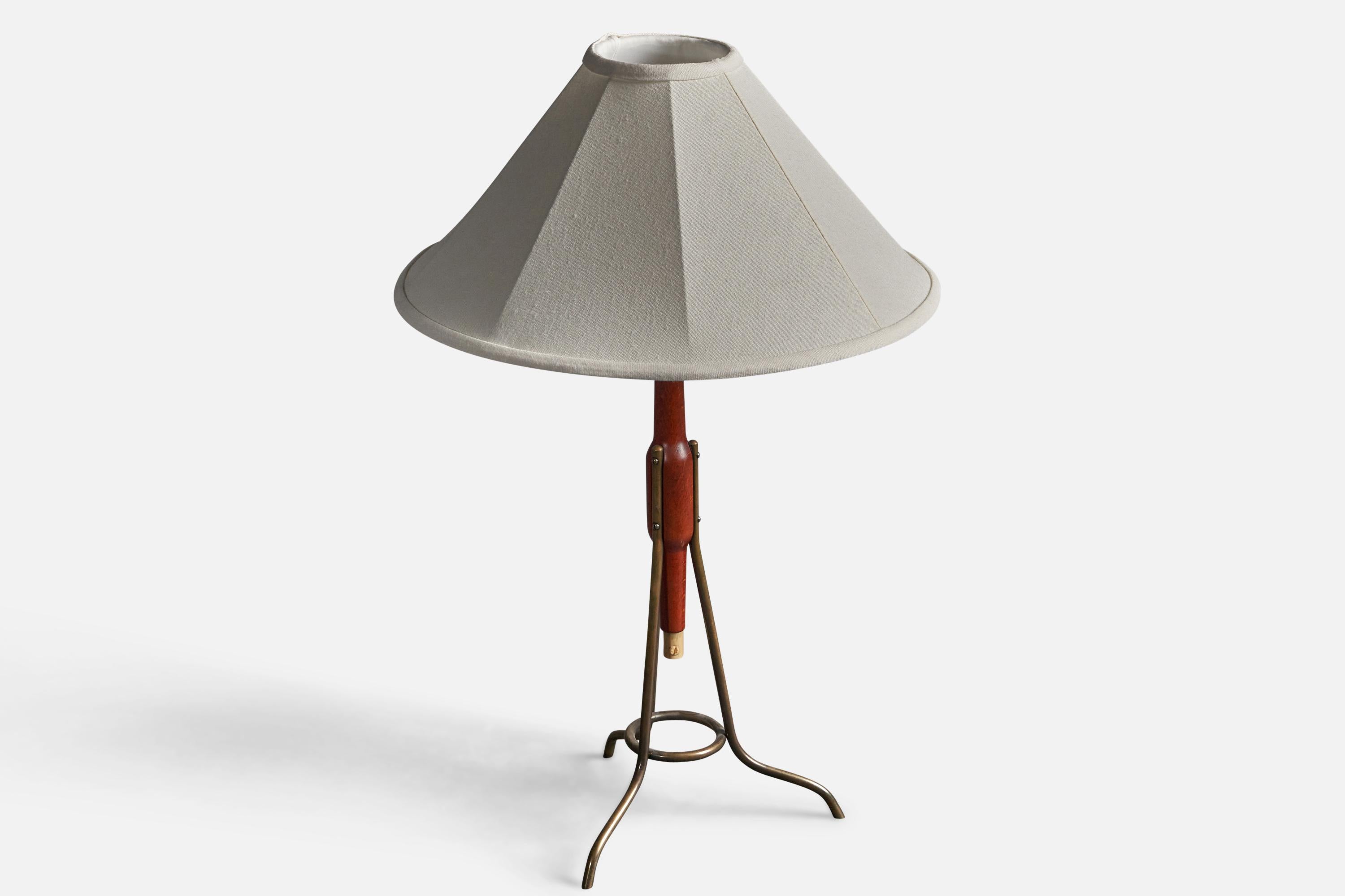 A highly modern table lamp, in teak, brass, and original beige fabric screen that needs recovering.

Remnants of label present, likely produced by Atelje Lyktan, Åhus.

Other designers of the period include Hans-Agne Jacobsen, Paavo Tynell, Lisa