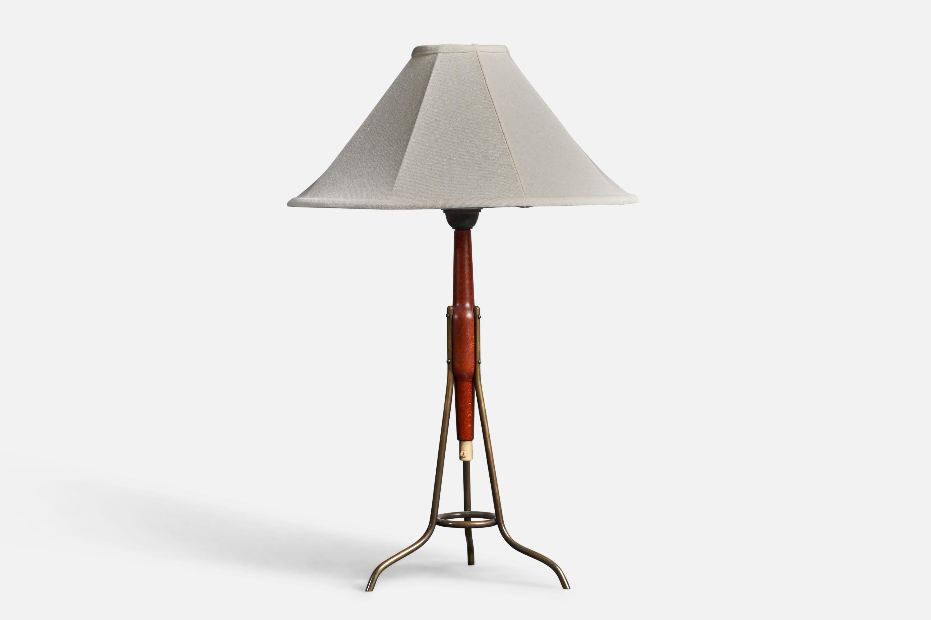 Mid-20th Century Swedish Designer, Modernist Table Lamp, Brass, Original Fabric Shade, 1950s For Sale