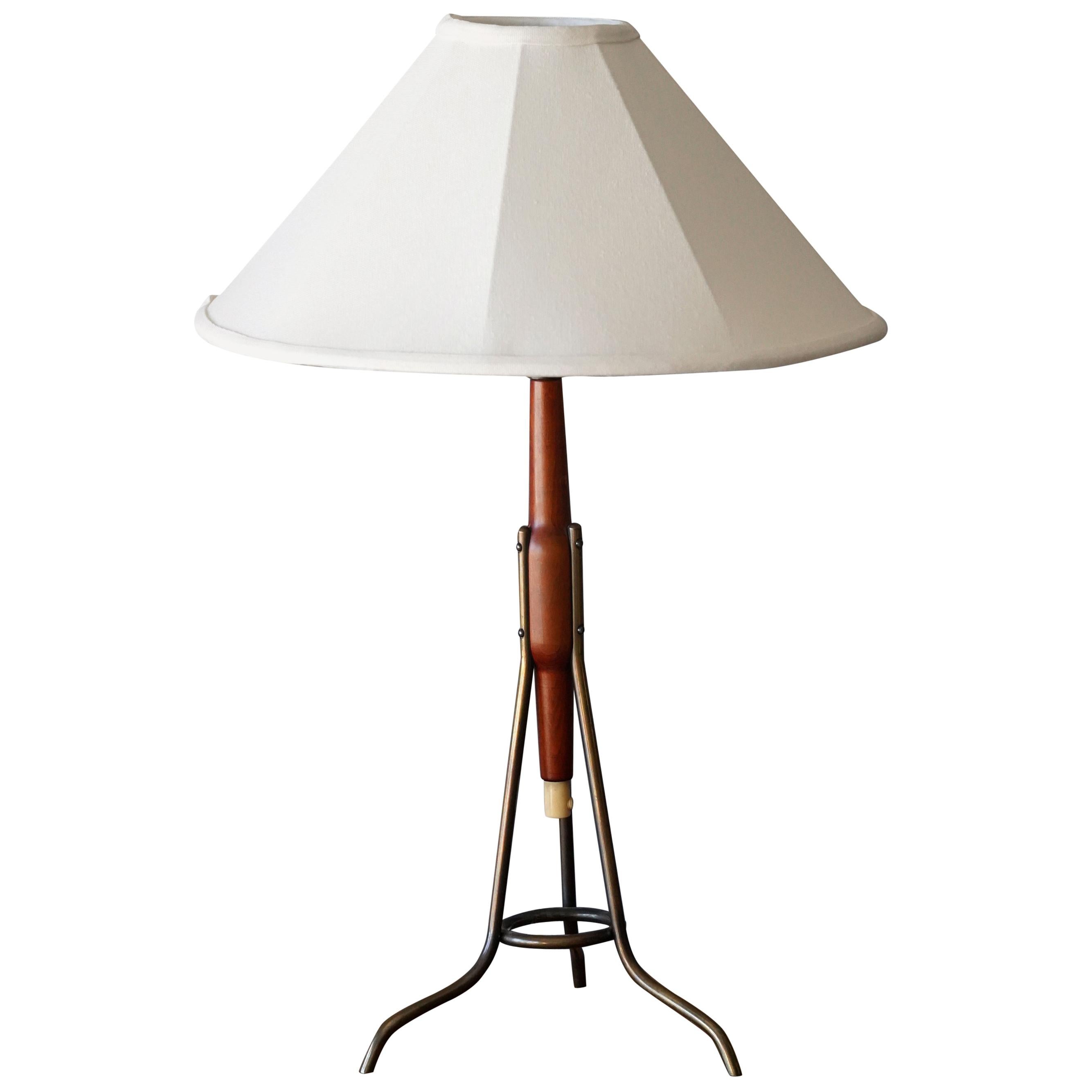 Swedish Designer, Modernist Table Lamp, Brass, Original Fabric Shade