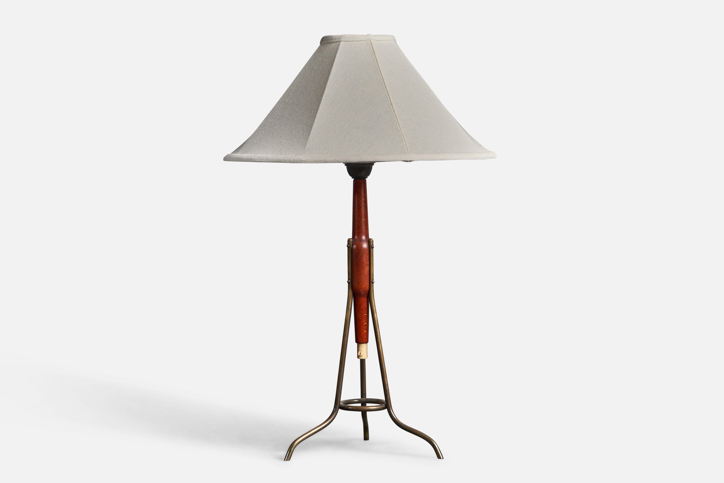 Swedish Designer, Modernist Table Lamp, Brass, Original Fabric Shade, 1950s