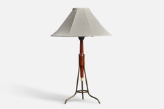 Vintage Swedish Designer, Modernist Table Lamp, Brass, Original Fabric Shade, 1950s