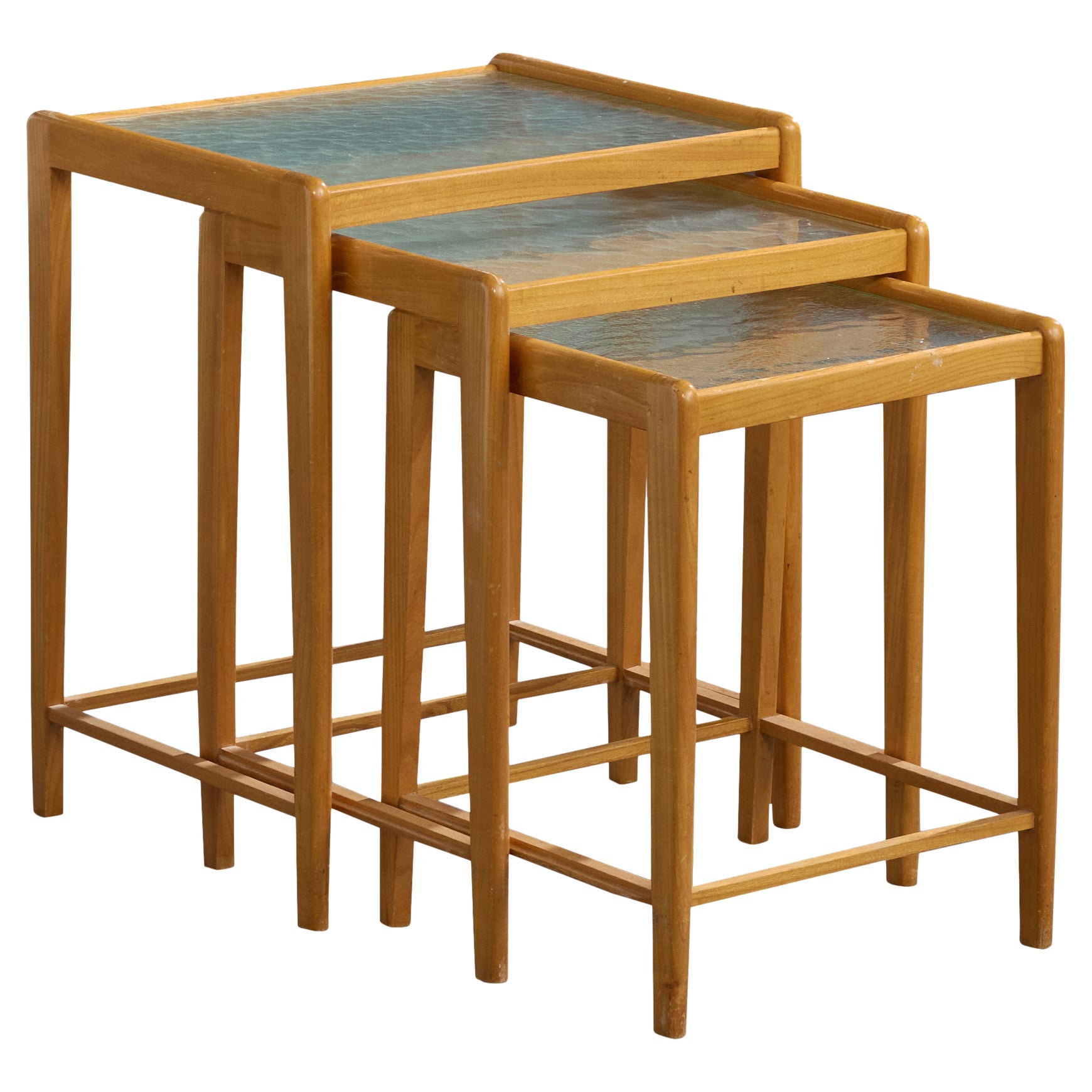 Swedish Designer, Nesting Tables, Oak, Glass, Sweden, 1940s For Sale