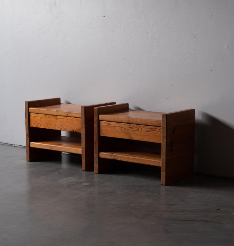 A set of side tables or bedside cabinets / nightstands. Designed and produced in Sweden, 1970s. In solid pine.

Other designers working in similar style and materials include Axel Einar Hjorth, Roland Wilhelmsson, Pierre Chapo, and Charlotte