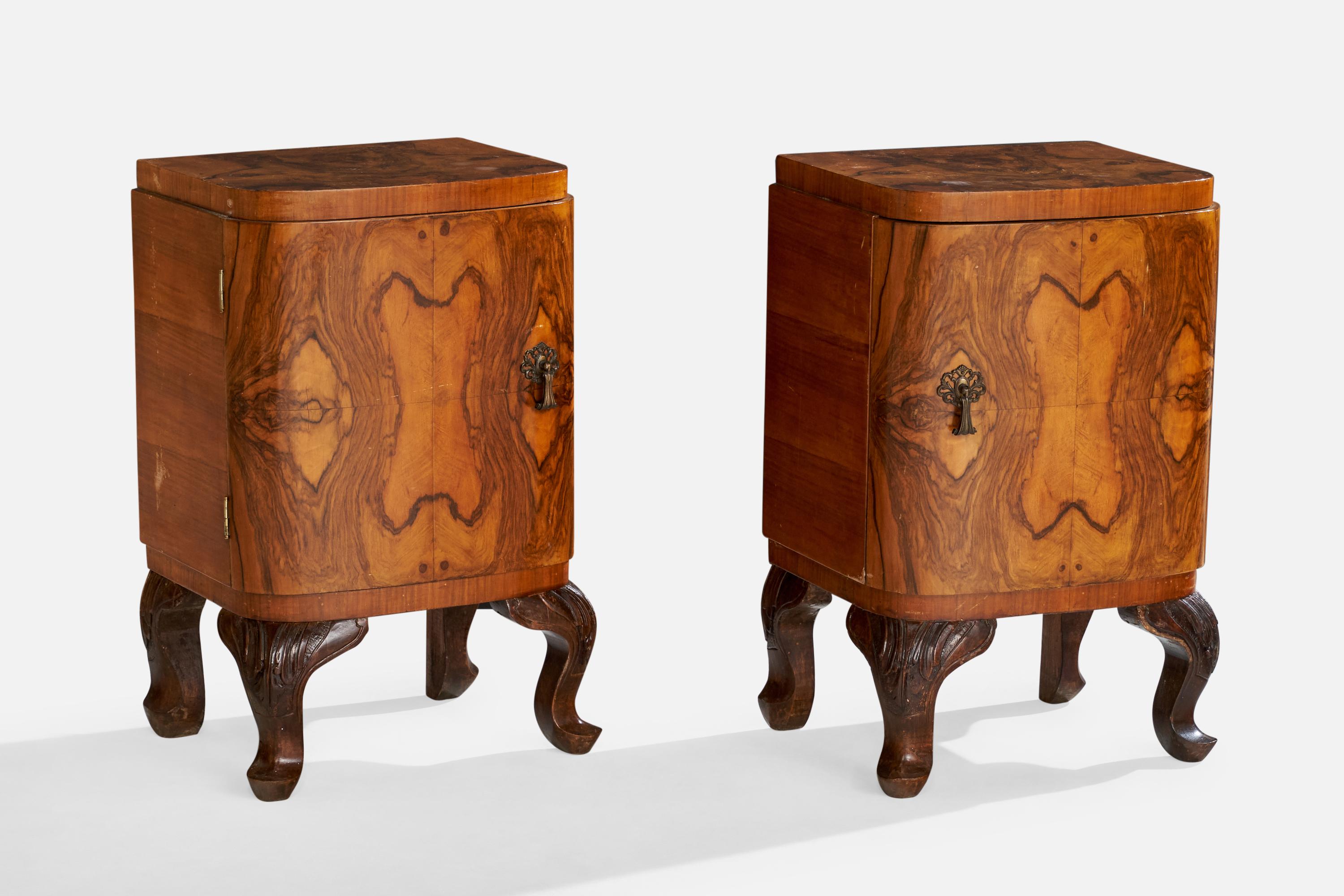 A pair of masur birch, brass and dark-stained wood nightstands designed and produced in Sweden, c. 1900s.

Dimensions: 27.25” H x 17.125” W x 14.5” D