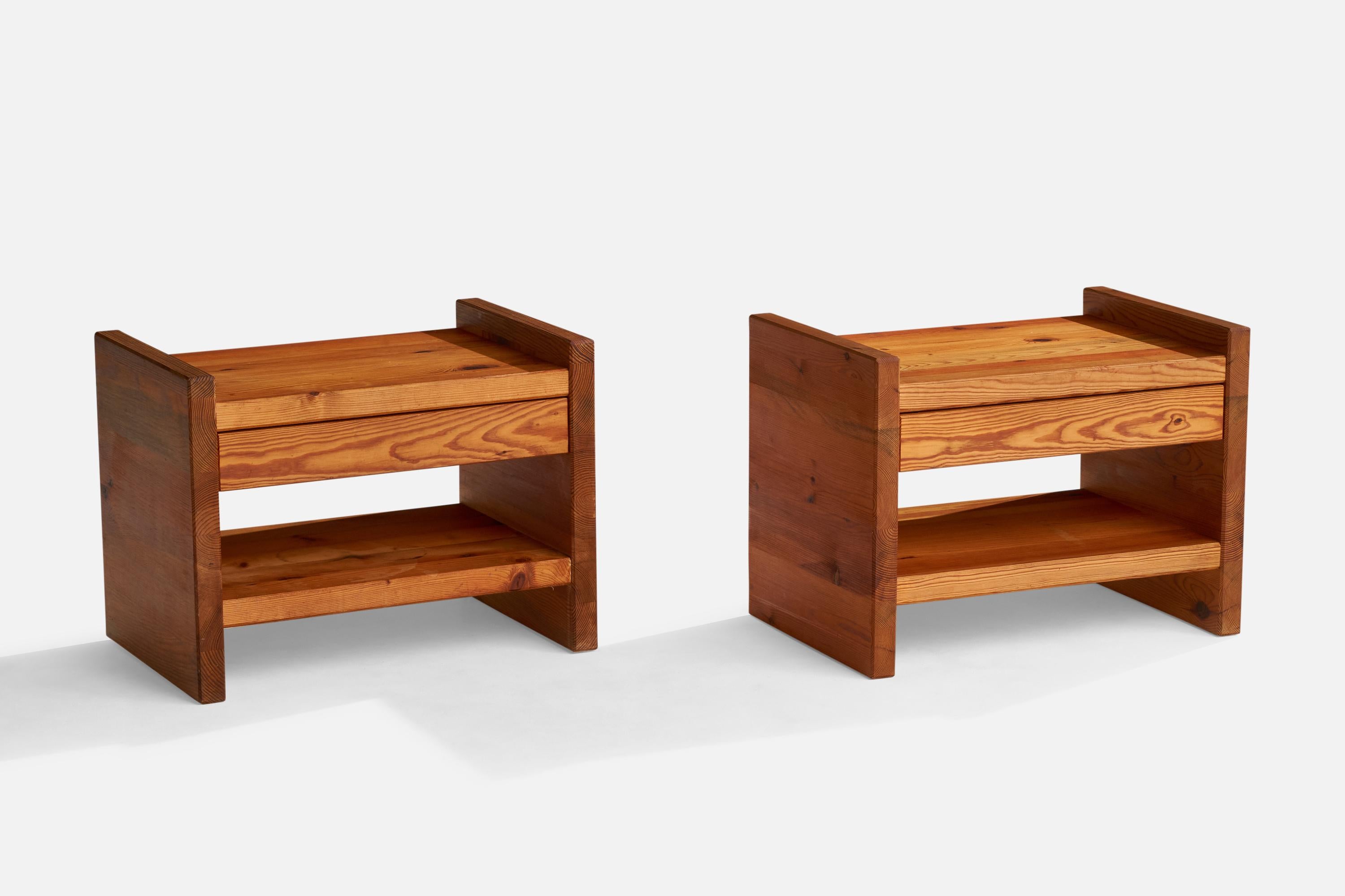 A pair of pine nightstands or bedside cabinets designed and produced in Sweden, 1970s.