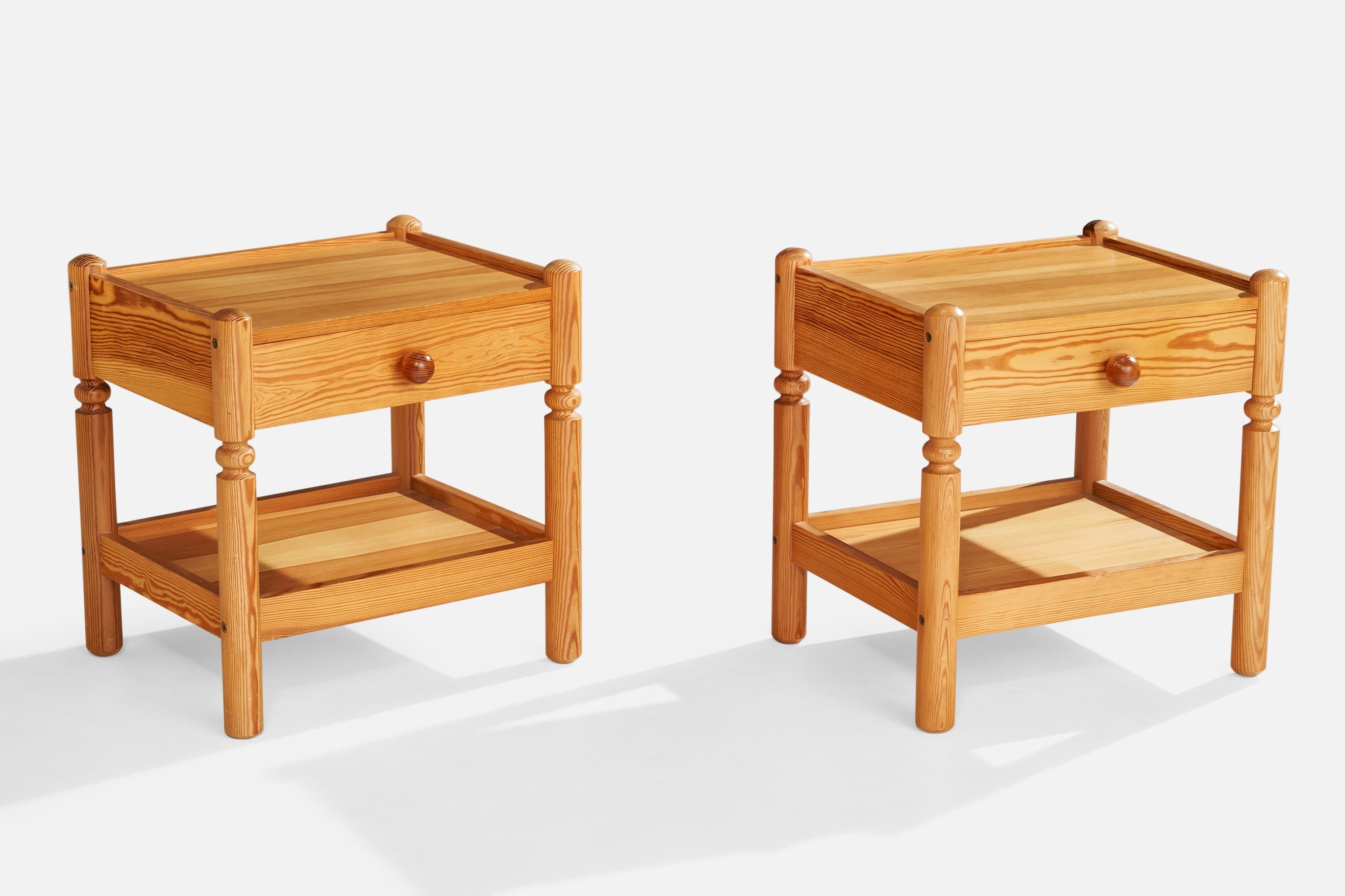 A pair of pine nightstands designed and produced in Sweden, c. 1970s.

Dimensions: 20.75” H x 20.5” W x 17.5” D