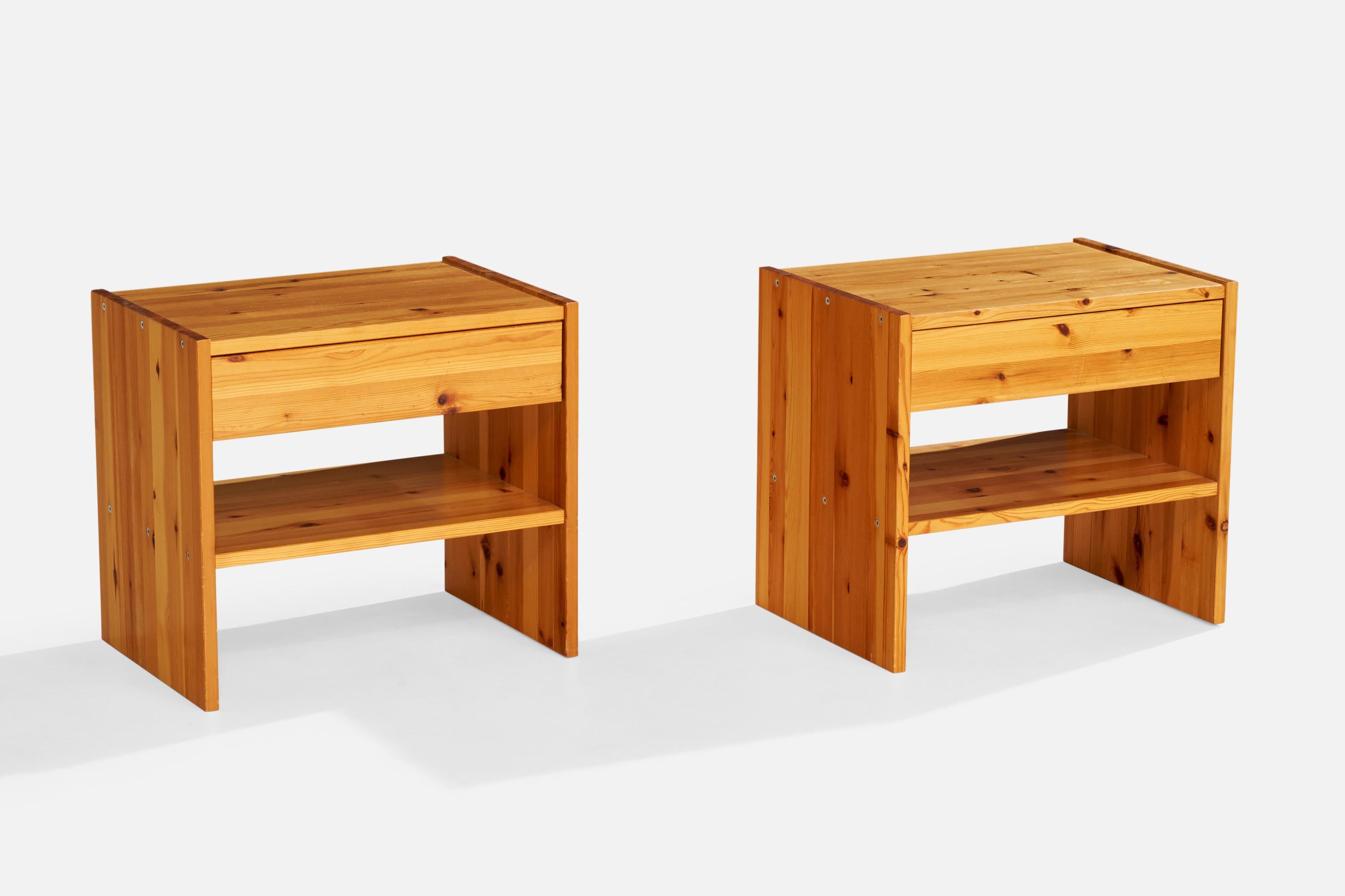 A pair of pine nightstands designed and produced in Sweden, c. 1980s.

Dimensions: 17.8” H x 19.7” W x 13.8” D