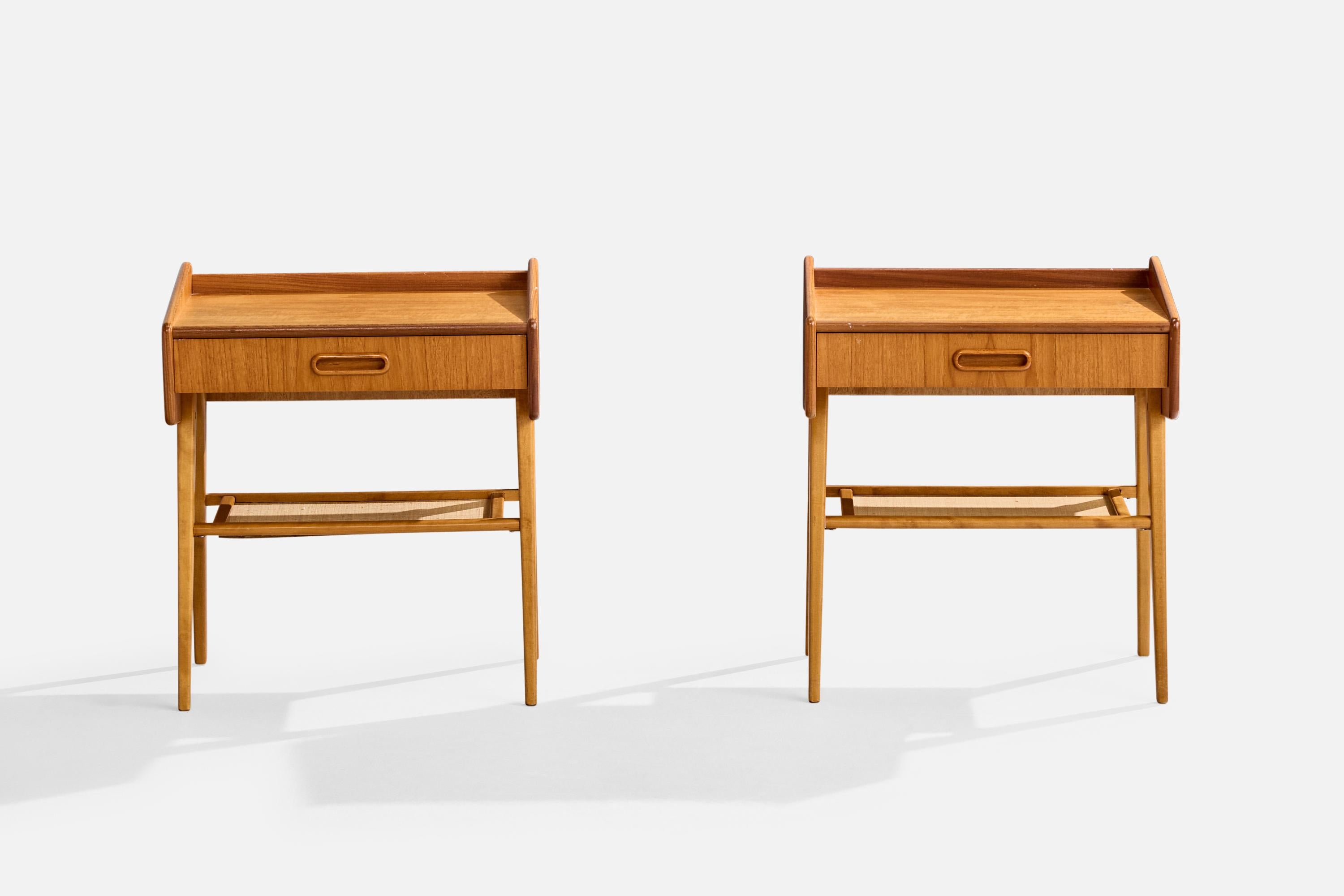 Mid-Century Modern Swedish Designer, Nightstands, Teak, Birch, Raffia, Sweden, 1950s For Sale