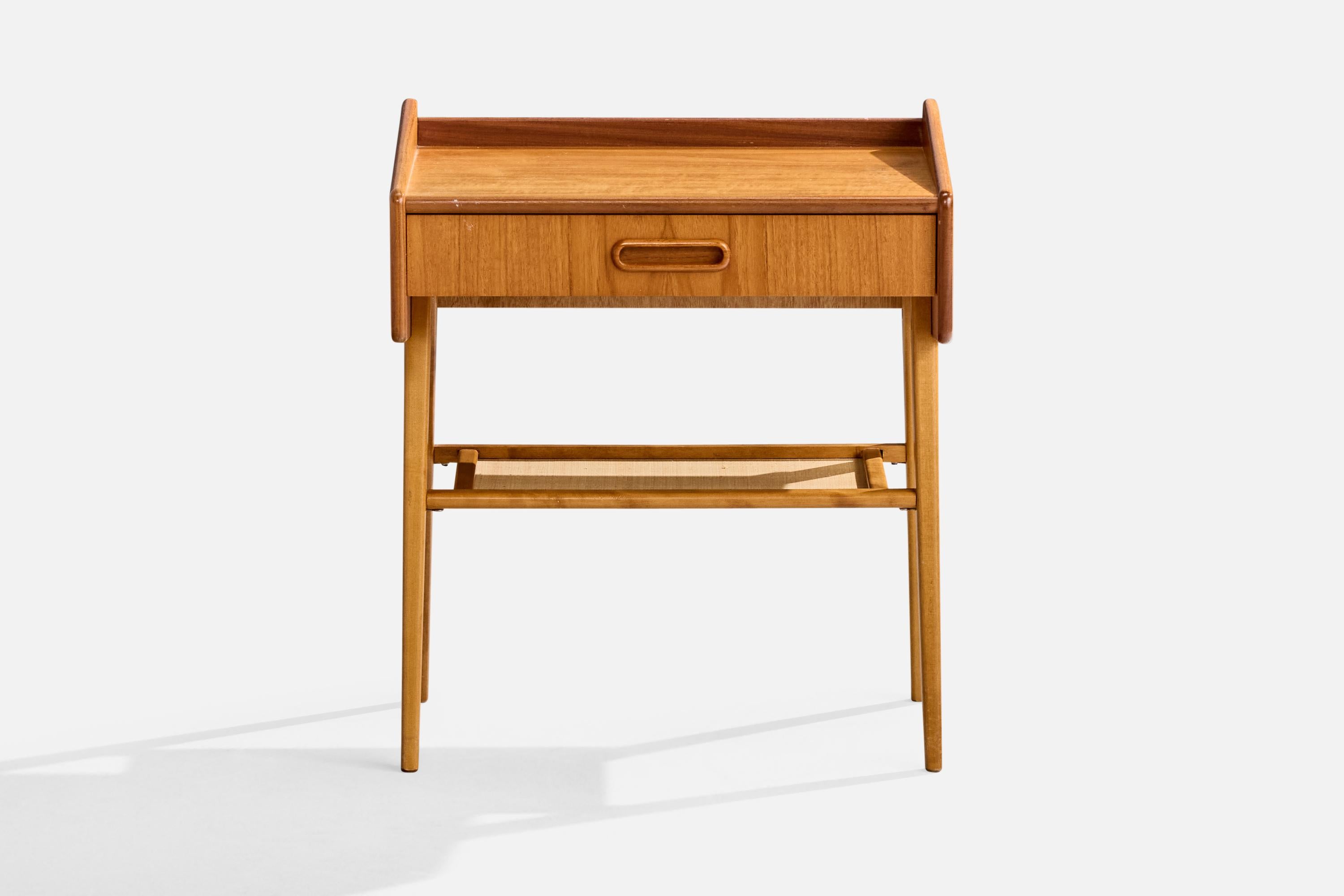 Mid-20th Century Swedish Designer, Nightstands, Teak, Birch, Raffia, Sweden, 1950s For Sale