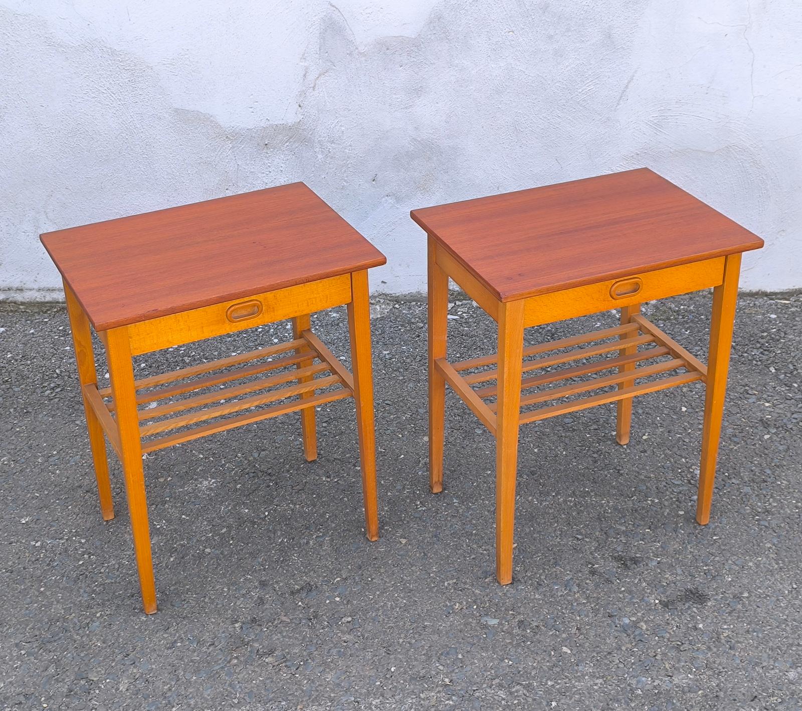 Mid-Century Modern Swedish Designer, Nightstands, Teak & Birch, Side Tables, Sweden, 1950s For Sale