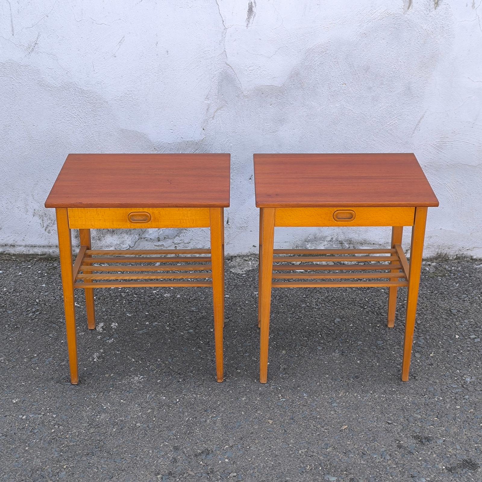 Veneer Swedish Designer, Nightstands, Teak & Birch, Side Tables, Sweden, 1950s For Sale