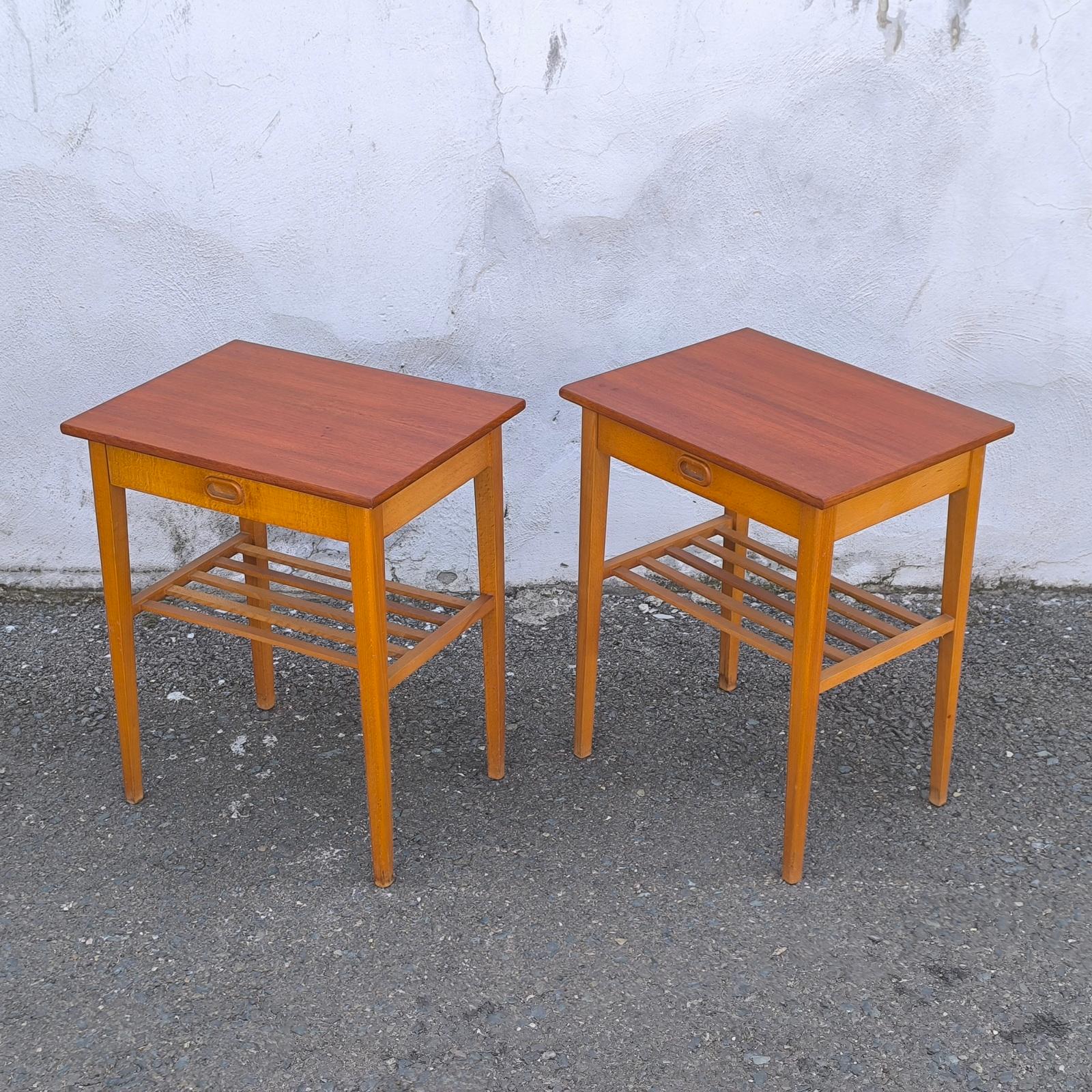 20th Century Swedish Designer, Nightstands, Teak & Birch, Side Tables, Sweden, 1950s For Sale