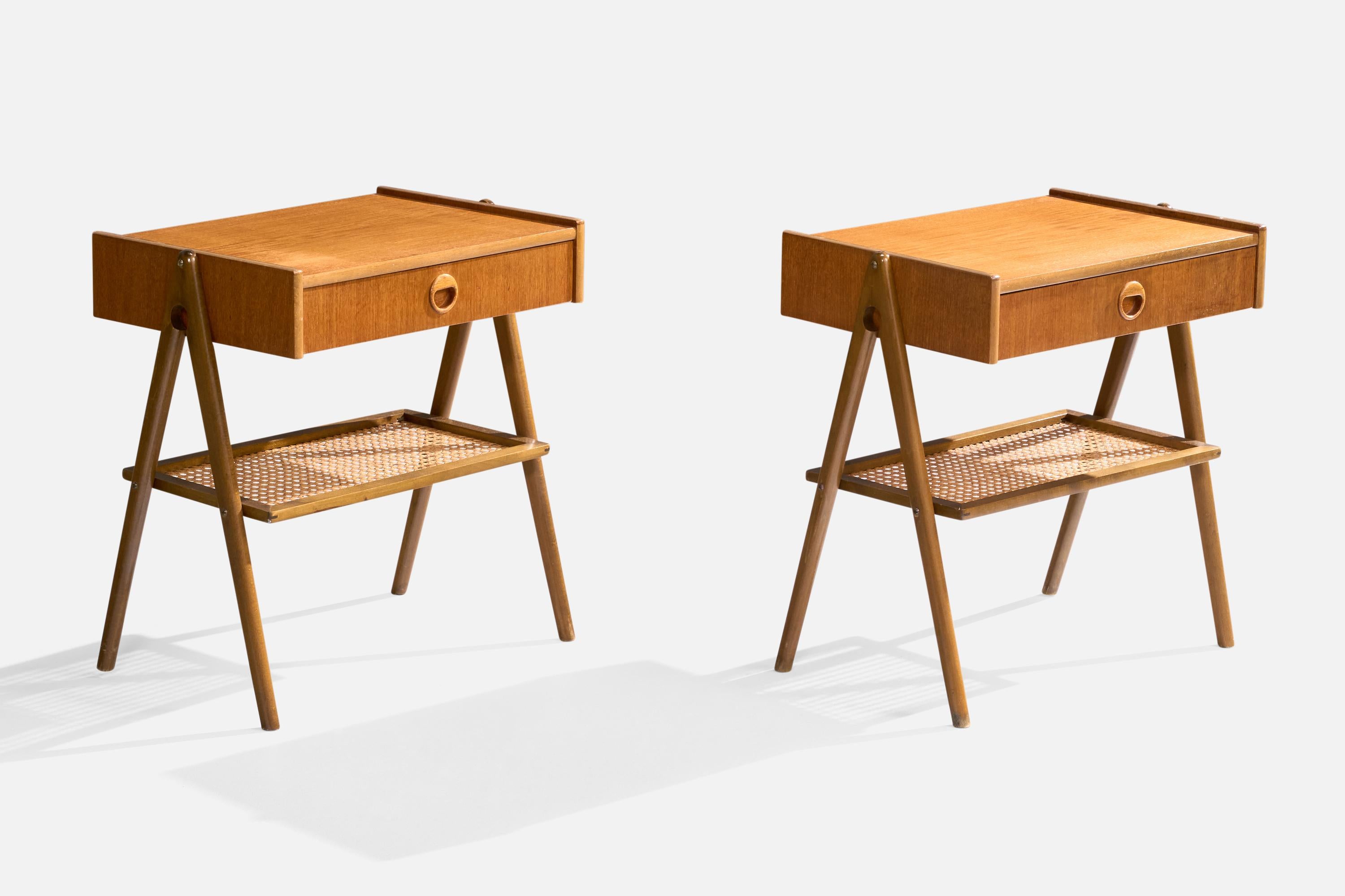 A pair of teak and cane nightstands designed and produced in Sweden, c. 1950s.

Dimensions: 20.4” H x 19.625” W x 12.9” D