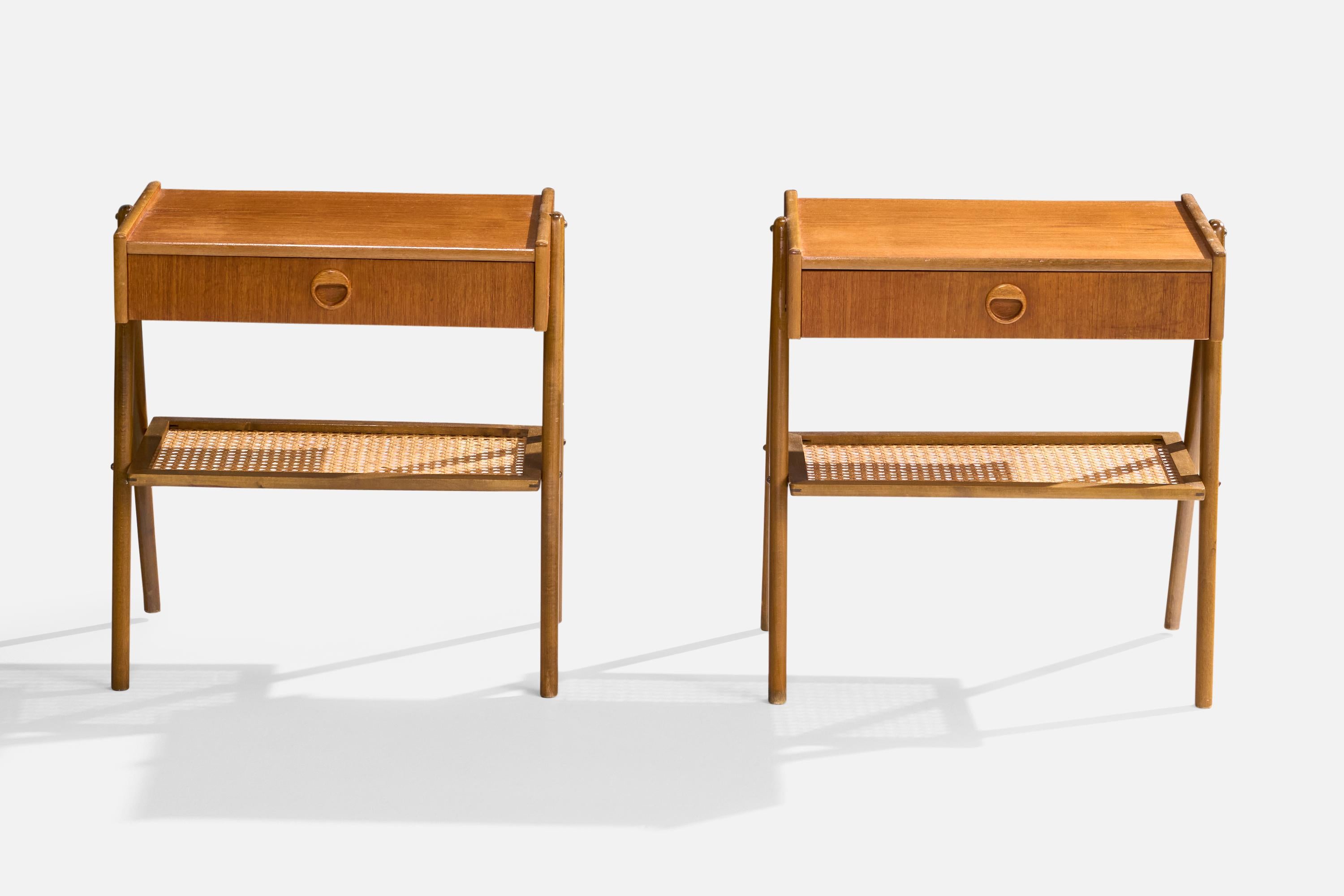 Mid-20th Century Swedish Designer, Nightstands, Teak, Cane, Sweden, 1950s For Sale