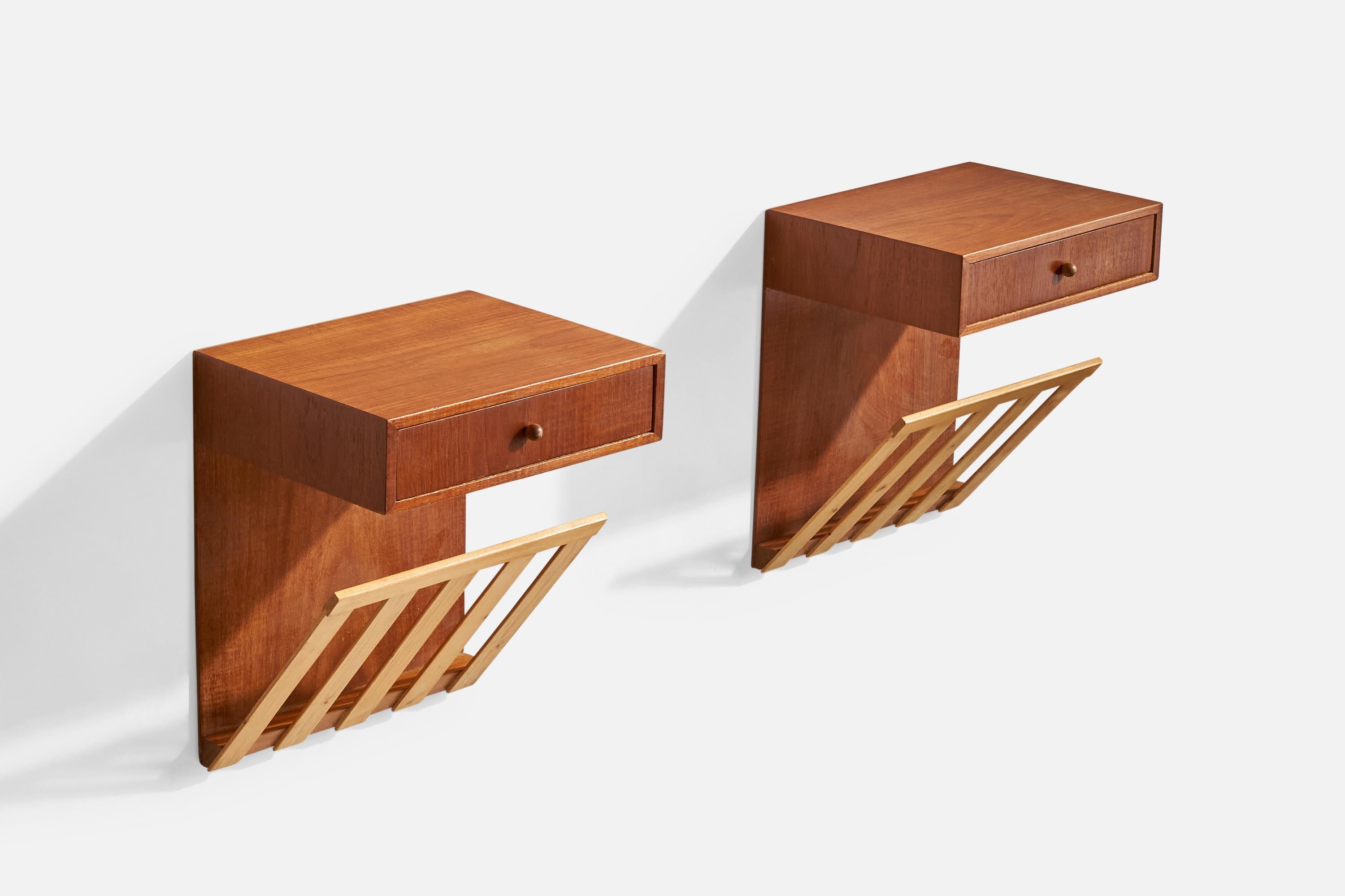 A pair of wall-mounted teak and pine nightstands designed and produced in Sweden, c. 1950s.

Dimensions: 15.85” H x 13.1” W x 11” D