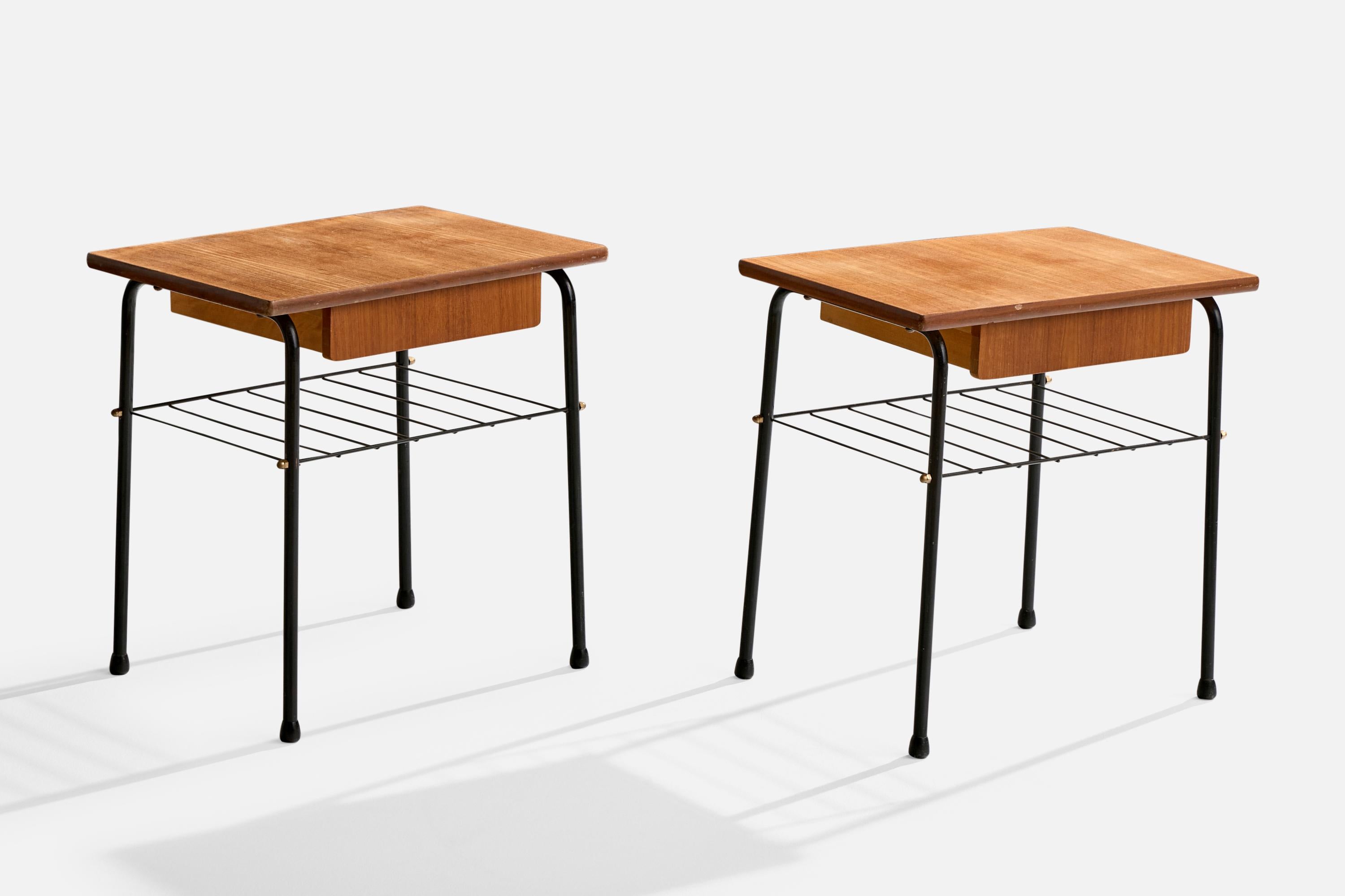 A pair of black-lacquered steel and teak nightstands designed and produced in Sweden, c. 1960s.

Overall Dimensions (inches): 19.25