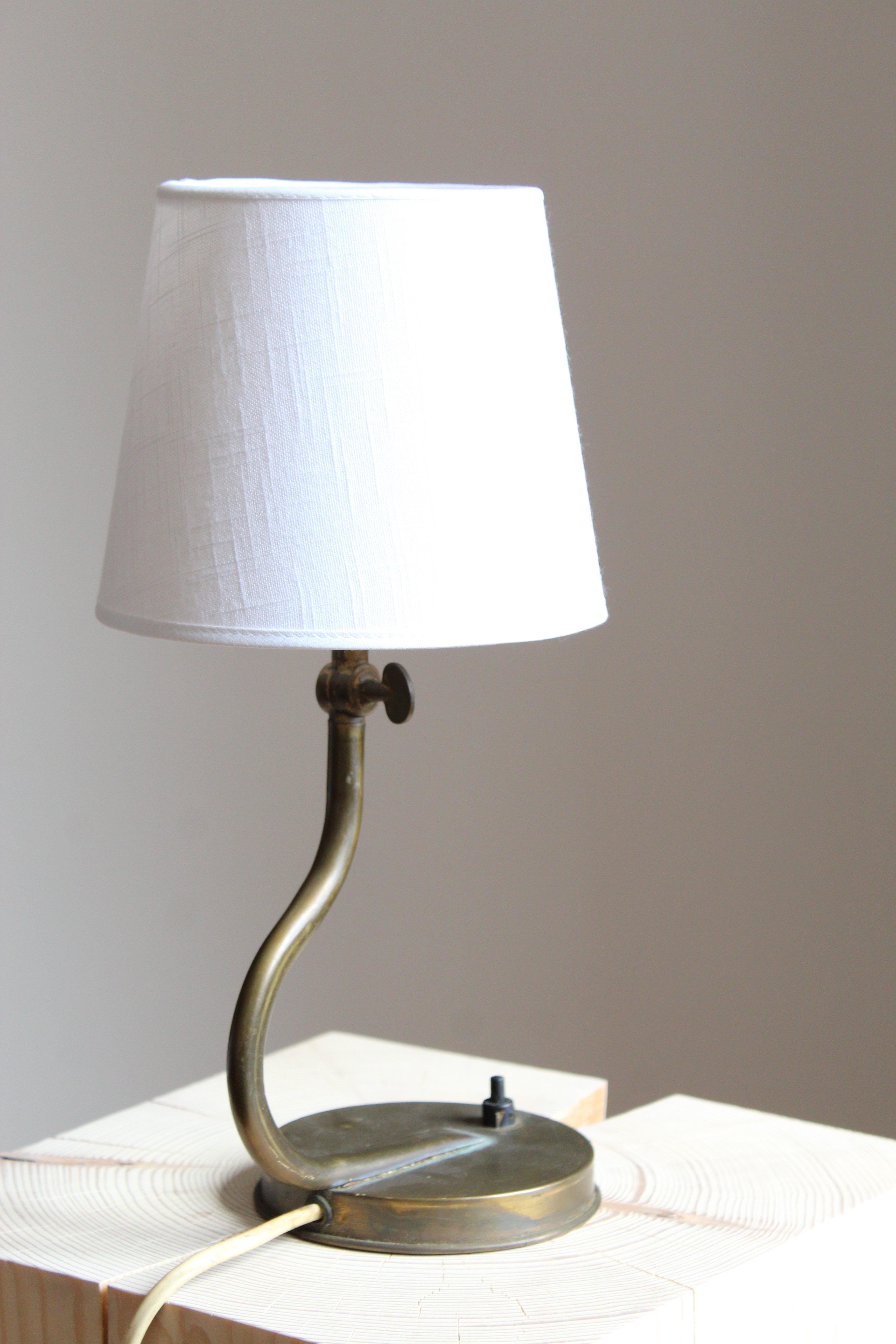 Scandinavian Modern Swedish Designer, Organic Adjustable Table Lamp, Brass, Linen, Sweden, 1940s