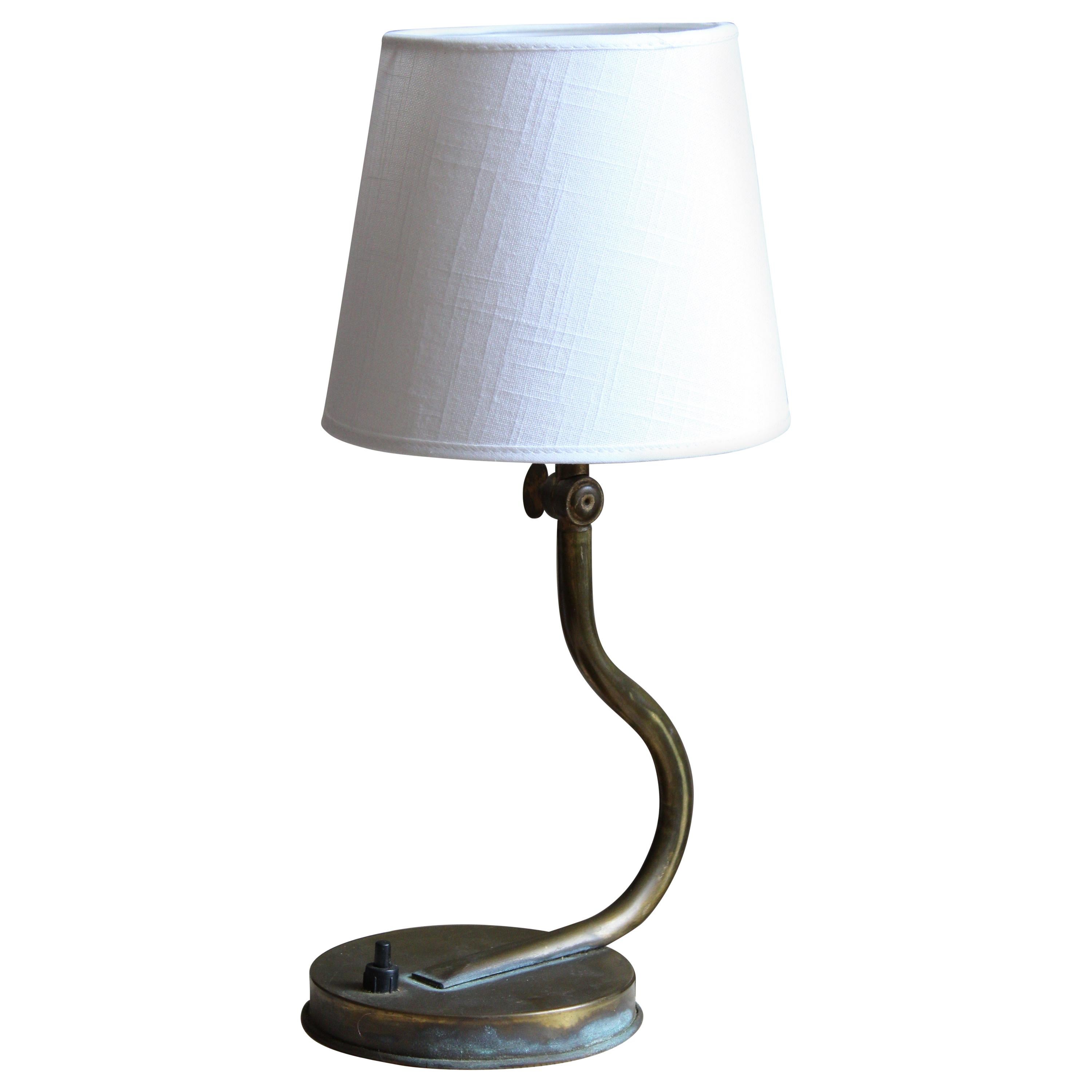 Swedish Designer, Organic Adjustable Table Lamp, Brass, Linen, Sweden, 1940s