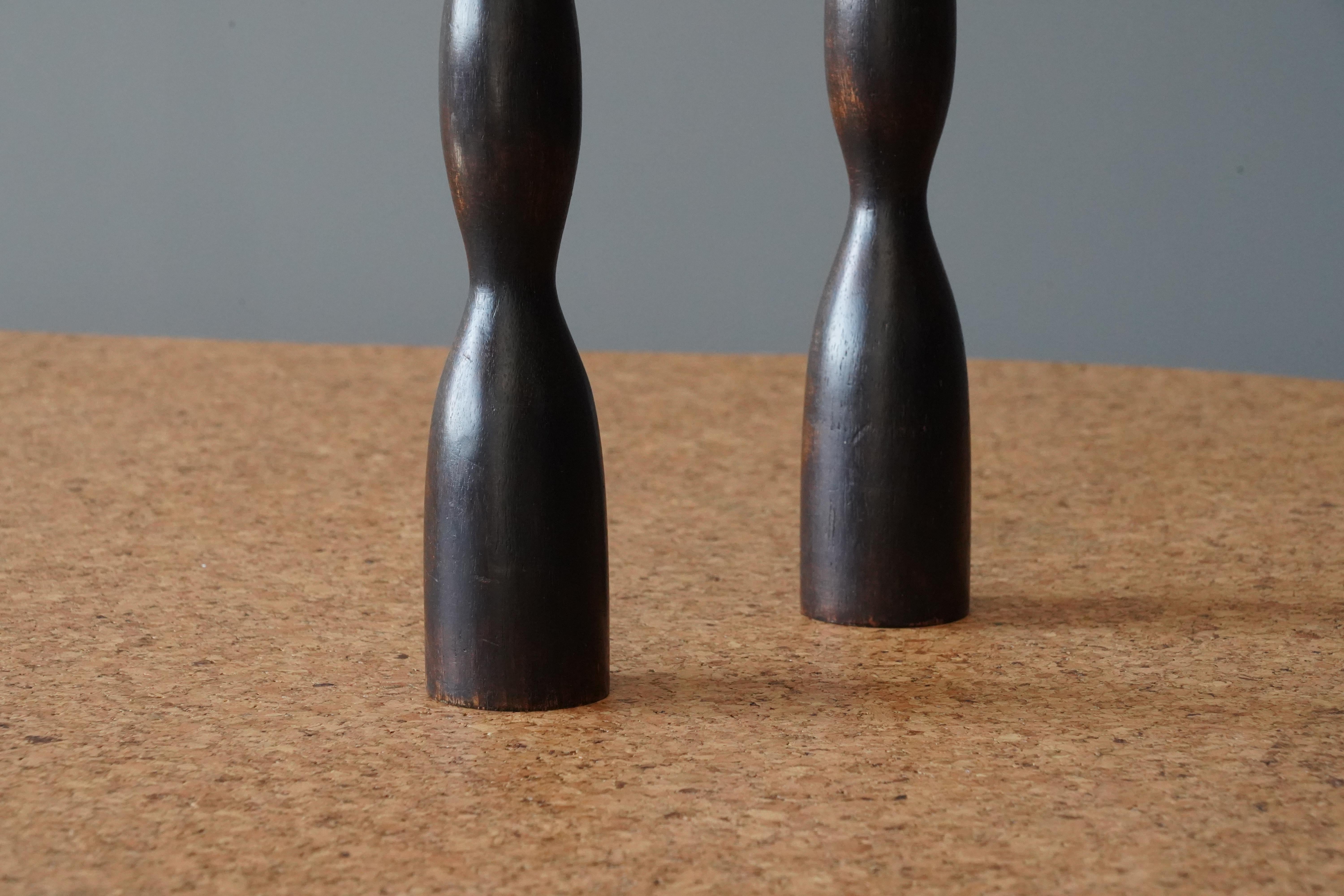 Swedish Designer, Organic Candlesticks, Dark-Stained Wood, Sweden, 1960s In Good Condition In High Point, NC