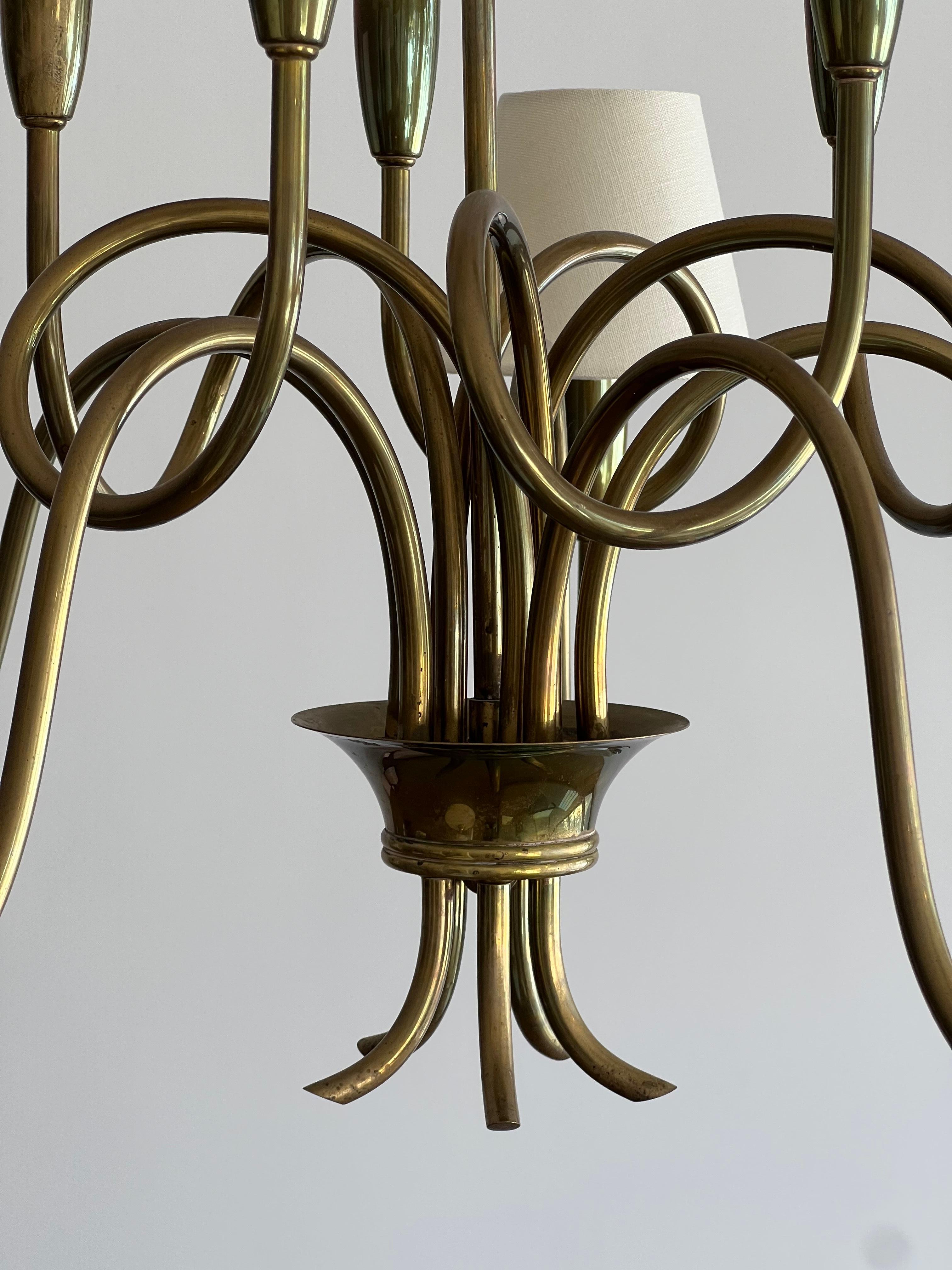 Mid-20th Century Swedish Designer, Organic Chandelier Light, Brass, Fabric, Sweden, 1940s
