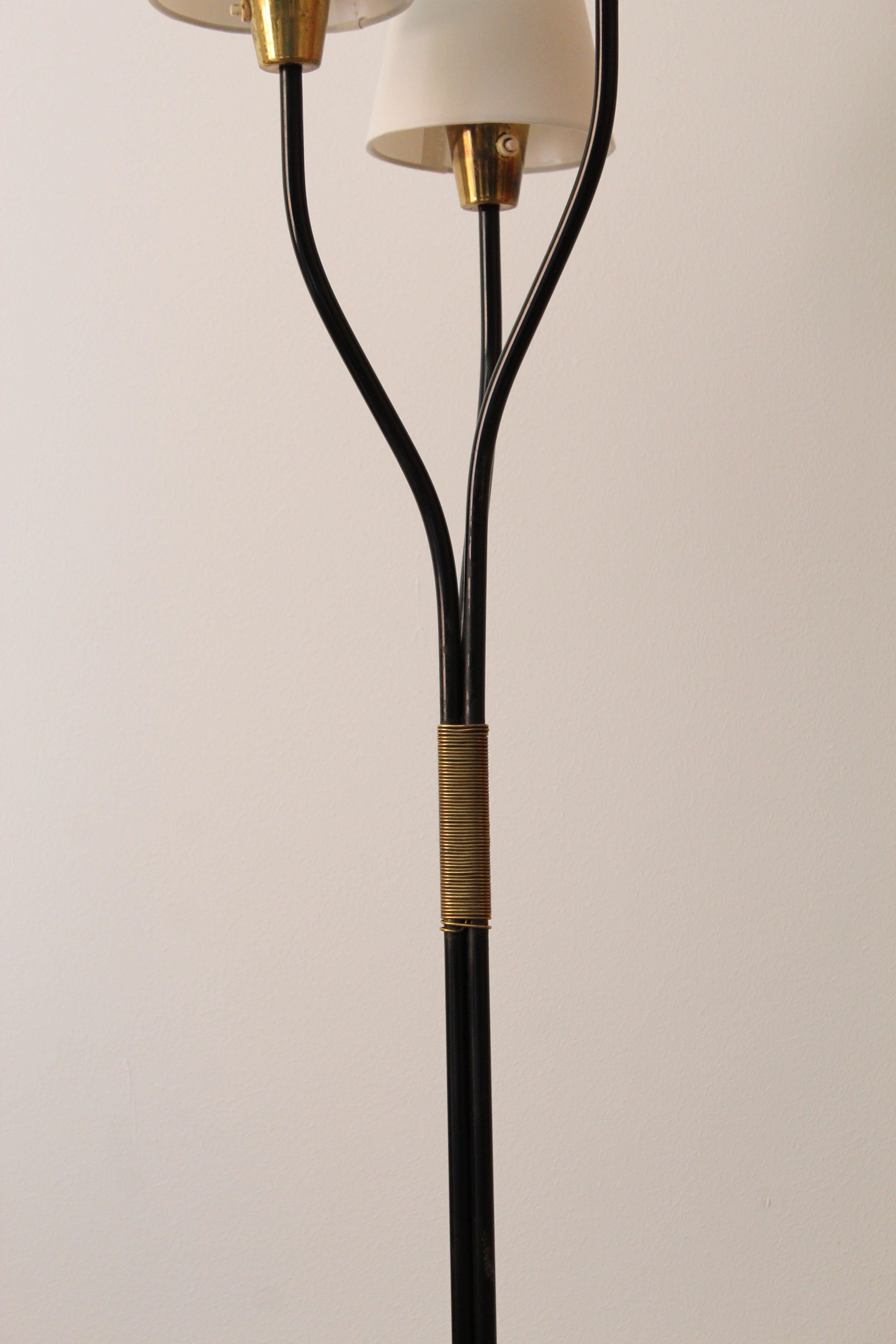 Mid-Century Modern Swedish Designer, Organic Floor Lamp, Brass Black Lacquered Metal, Fabric, 1950s