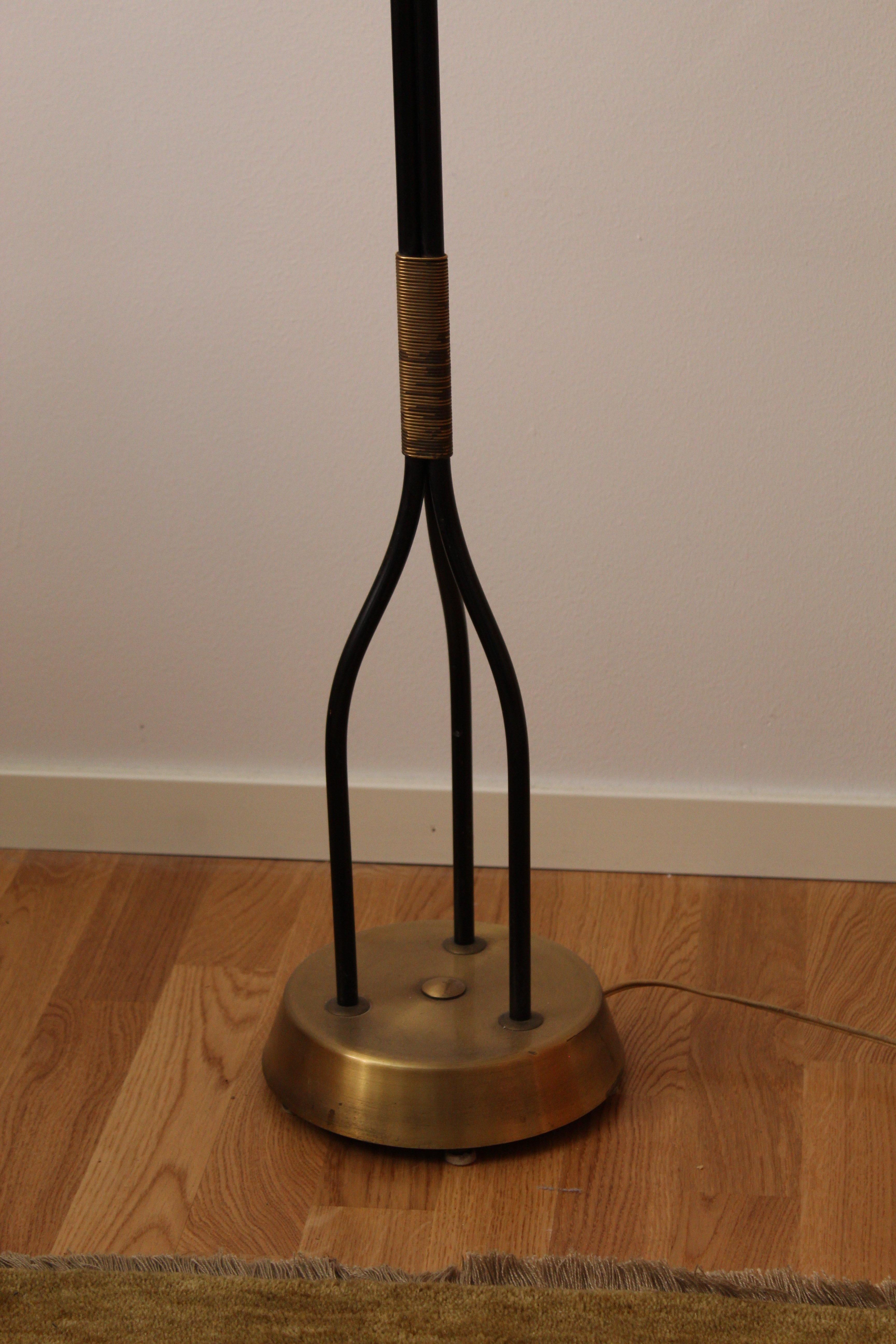 Mid-20th Century Swedish Designer, Organic Floor Lamp, Brass Black Lacquered Metal, Fabric, 1950s