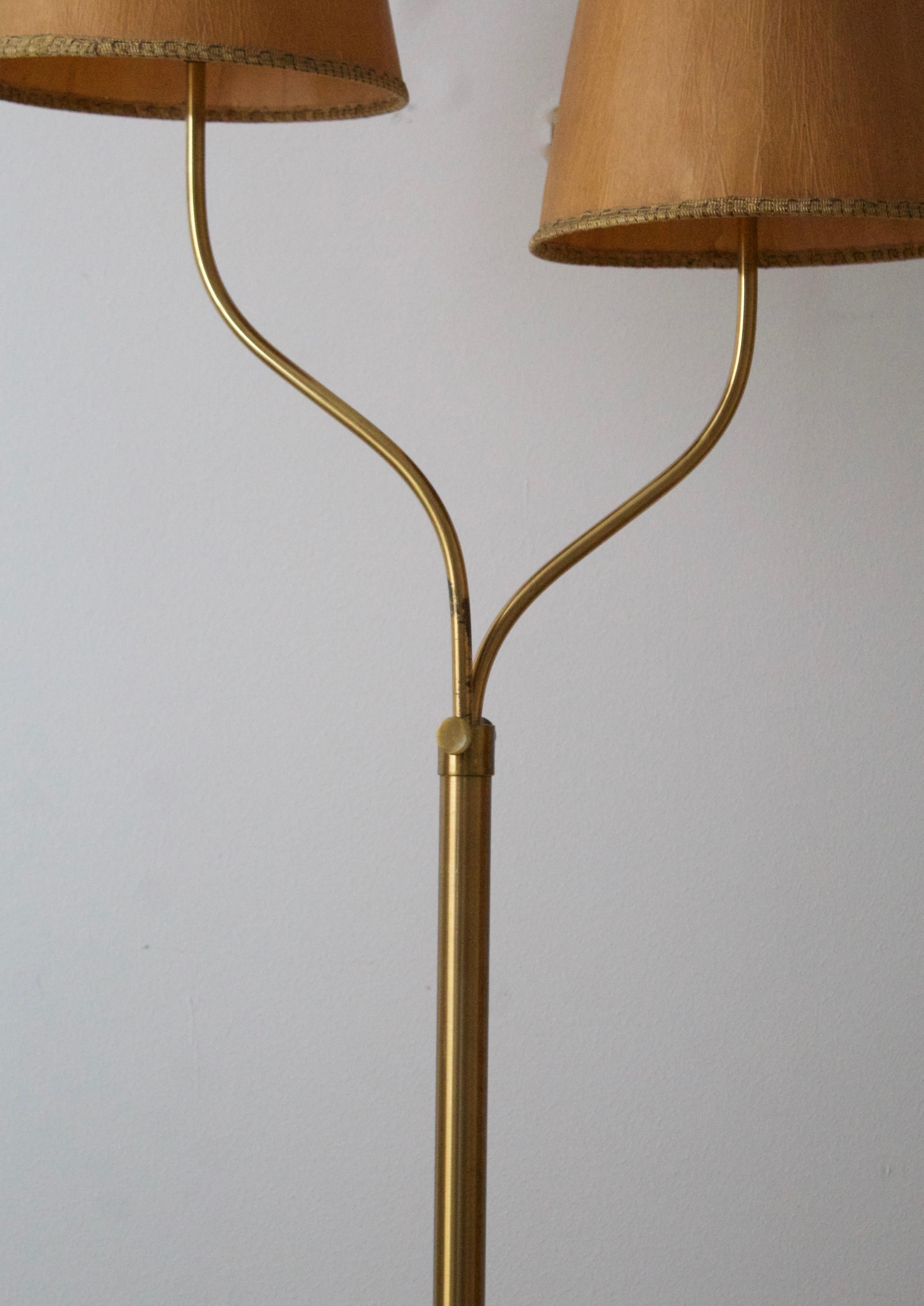 Scandinavian Modern Swedish Designer, Organic Floor Lamp, Brass, Papier Mache, Sweden, 1930s