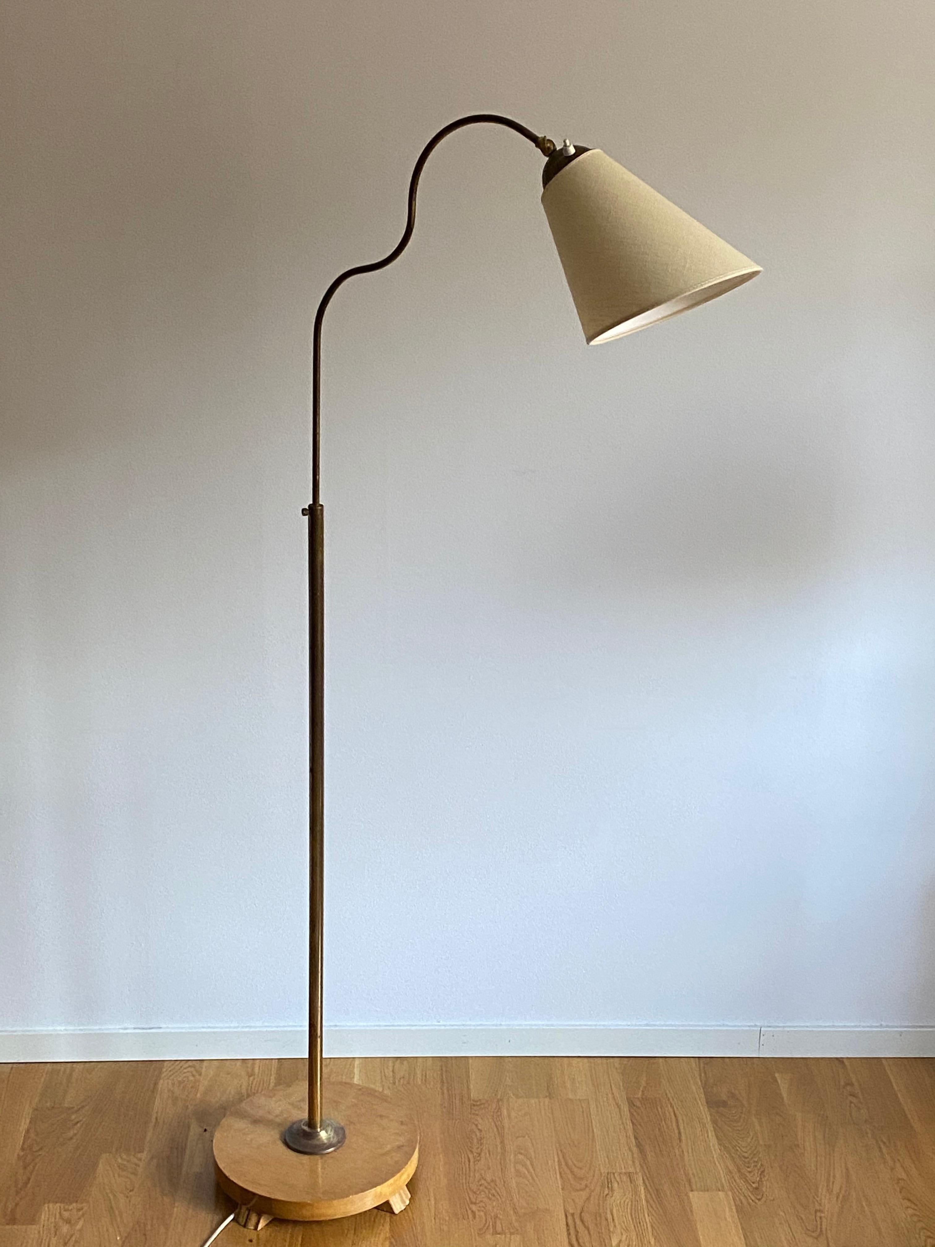 An adjustable functionalist floor lamp. With an adjustable arm. Brand new Swedish made lampshade.

Dimensions variable. 

Other designers of the period include Josef Frank, Paavo Tynell, Hans Agne Jacobsen, and Alvar Aalto.