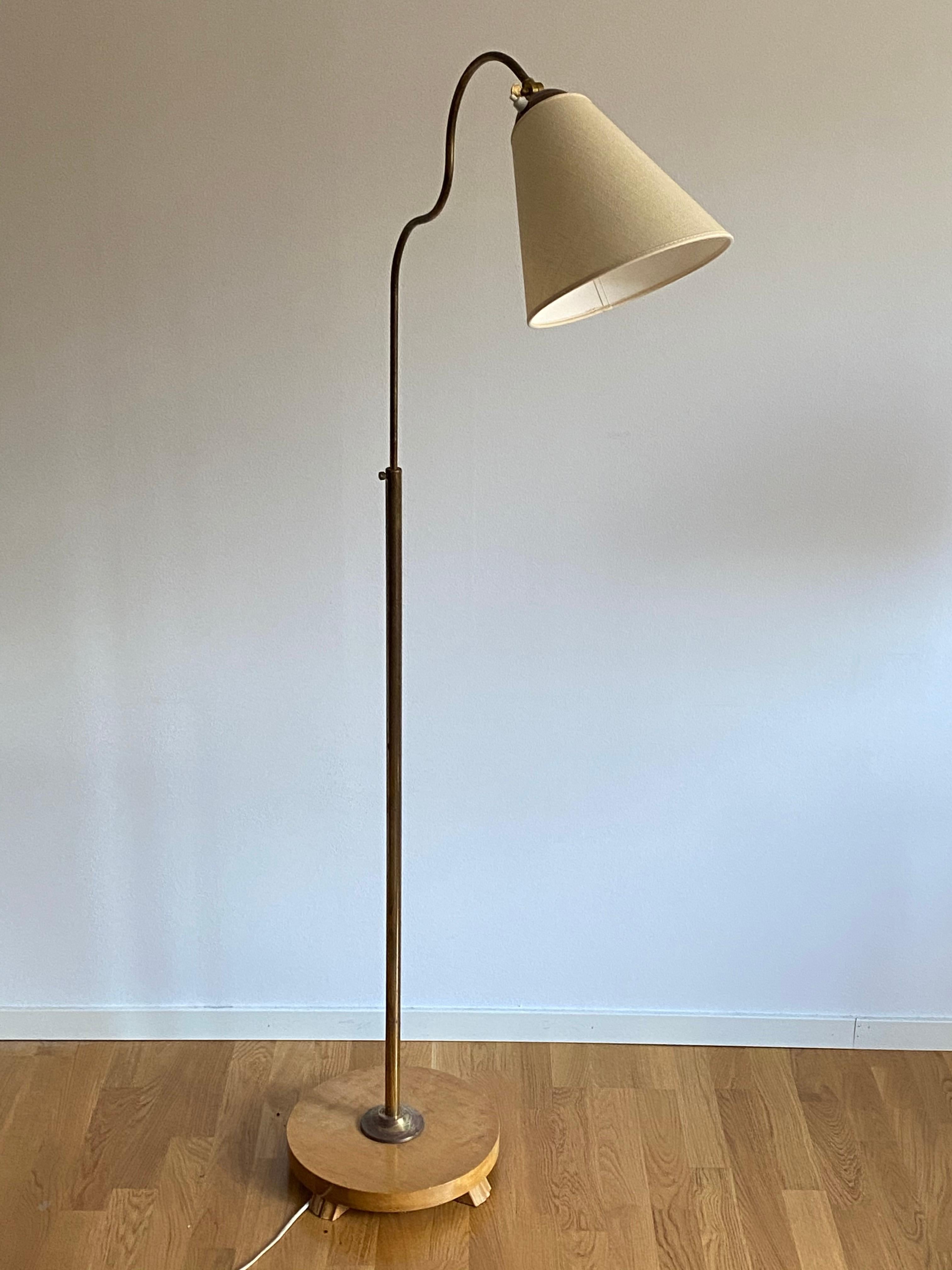 Scandinavian Modern Swedish Designer, Organic Functionalist Floor Lamp, Brass, Fabric, 1940s
