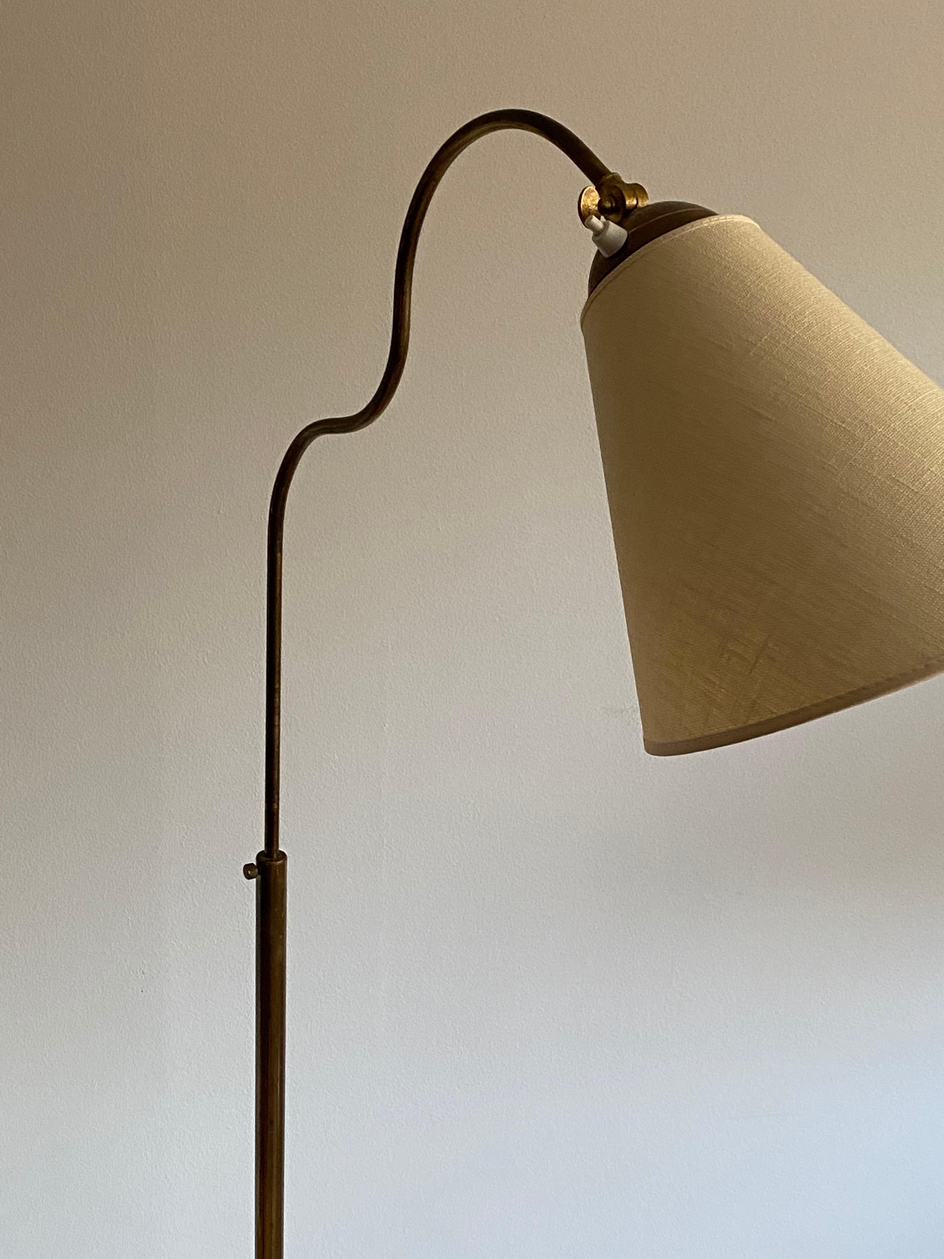 Swedish Designer, Organic Functionalist Floor Lamp, Brass, Fabric, 1940s In Good Condition In High Point, NC