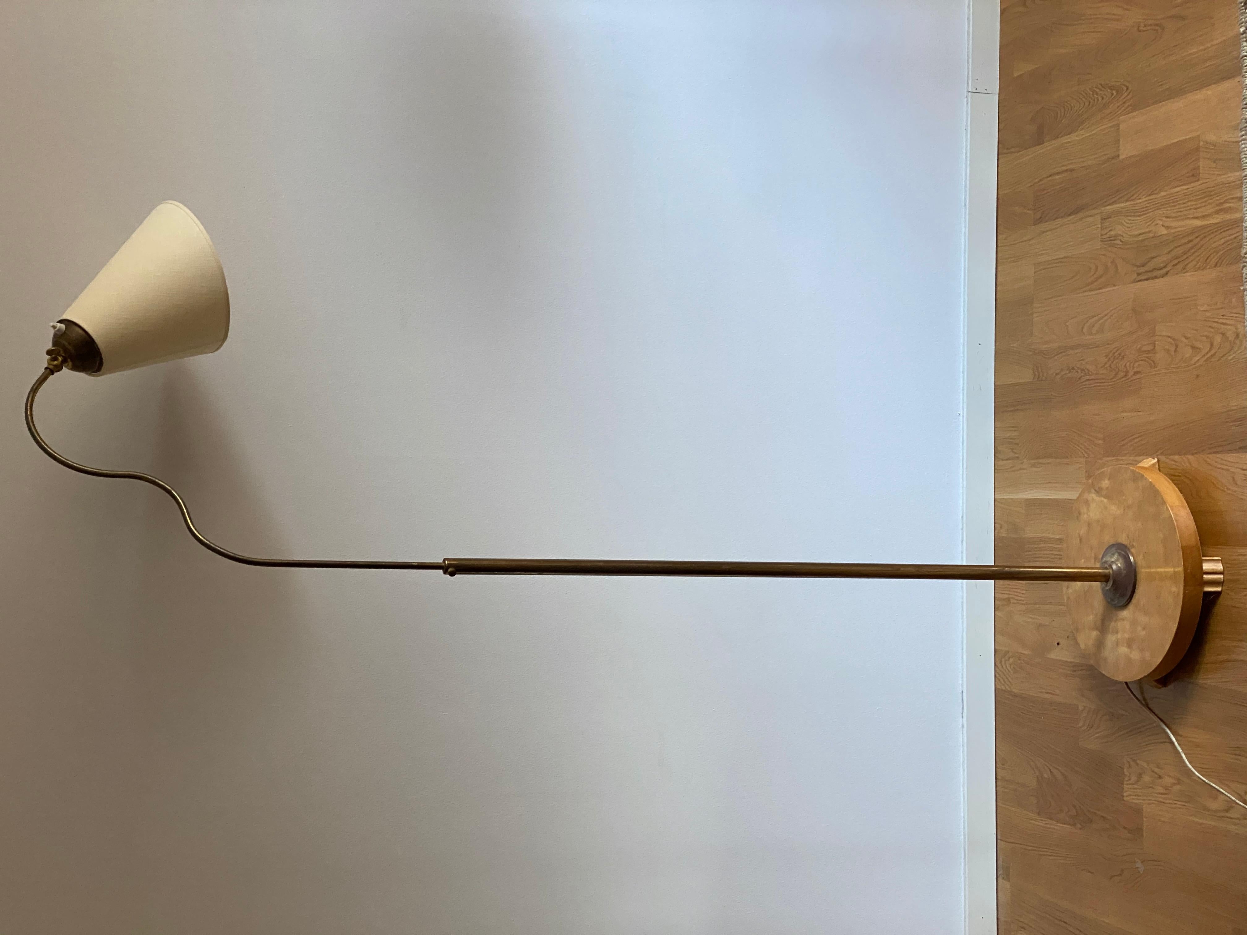 Mid-20th Century Swedish Designer, Organic Functionalist Floor Lamp, Brass, Fabric, 1940s