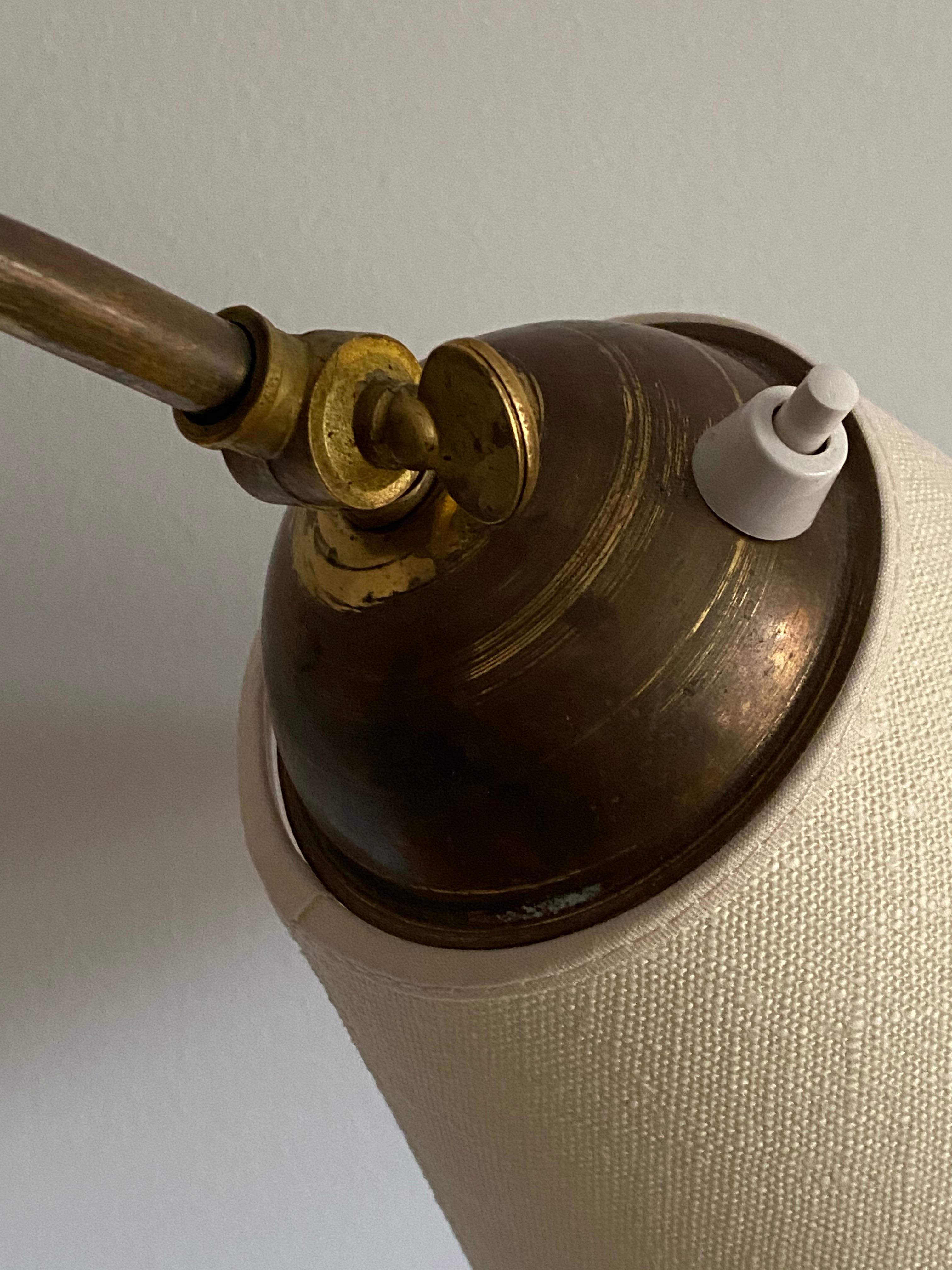 Swedish Designer, Organic Functionalist Floor Lamp, Brass, Fabric, 1940s 4