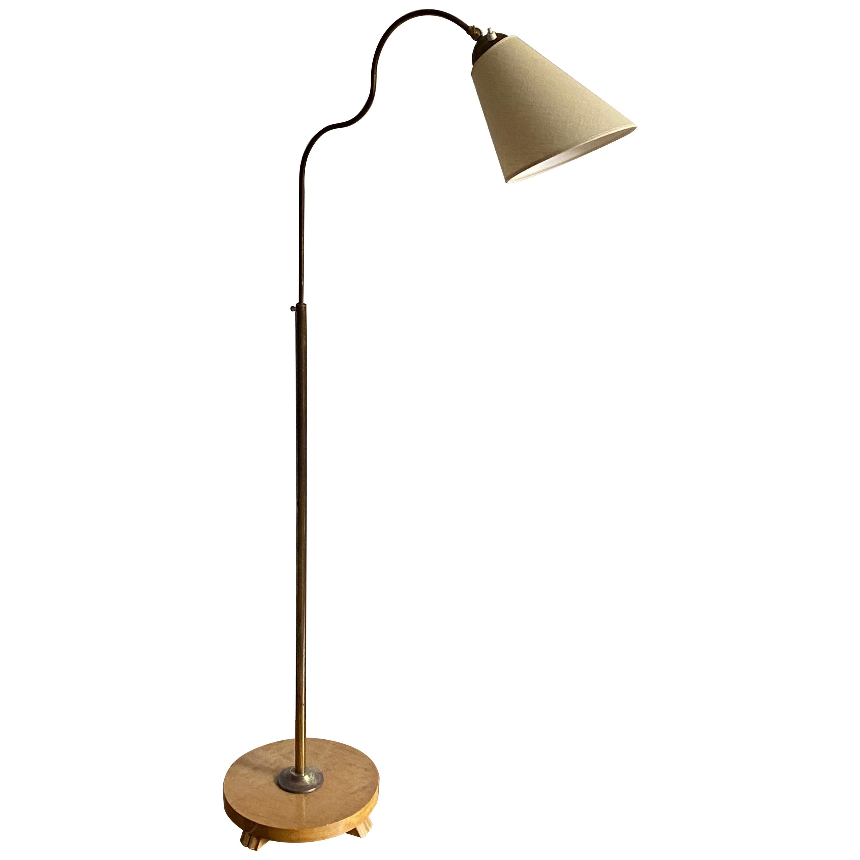 Swedish Designer, Organic Functionalist Floor Lamp, Brass, Fabric, 1940s