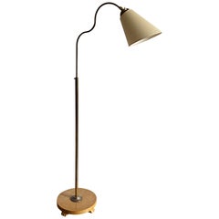 Swedish Designer, Organic Functionalist Floor Lamp, Brass, Fabric, 1940s