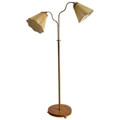 Swedish Designer, Organic Functionalist Floor Lamp, Brass, Wood, Sweden, 1940s