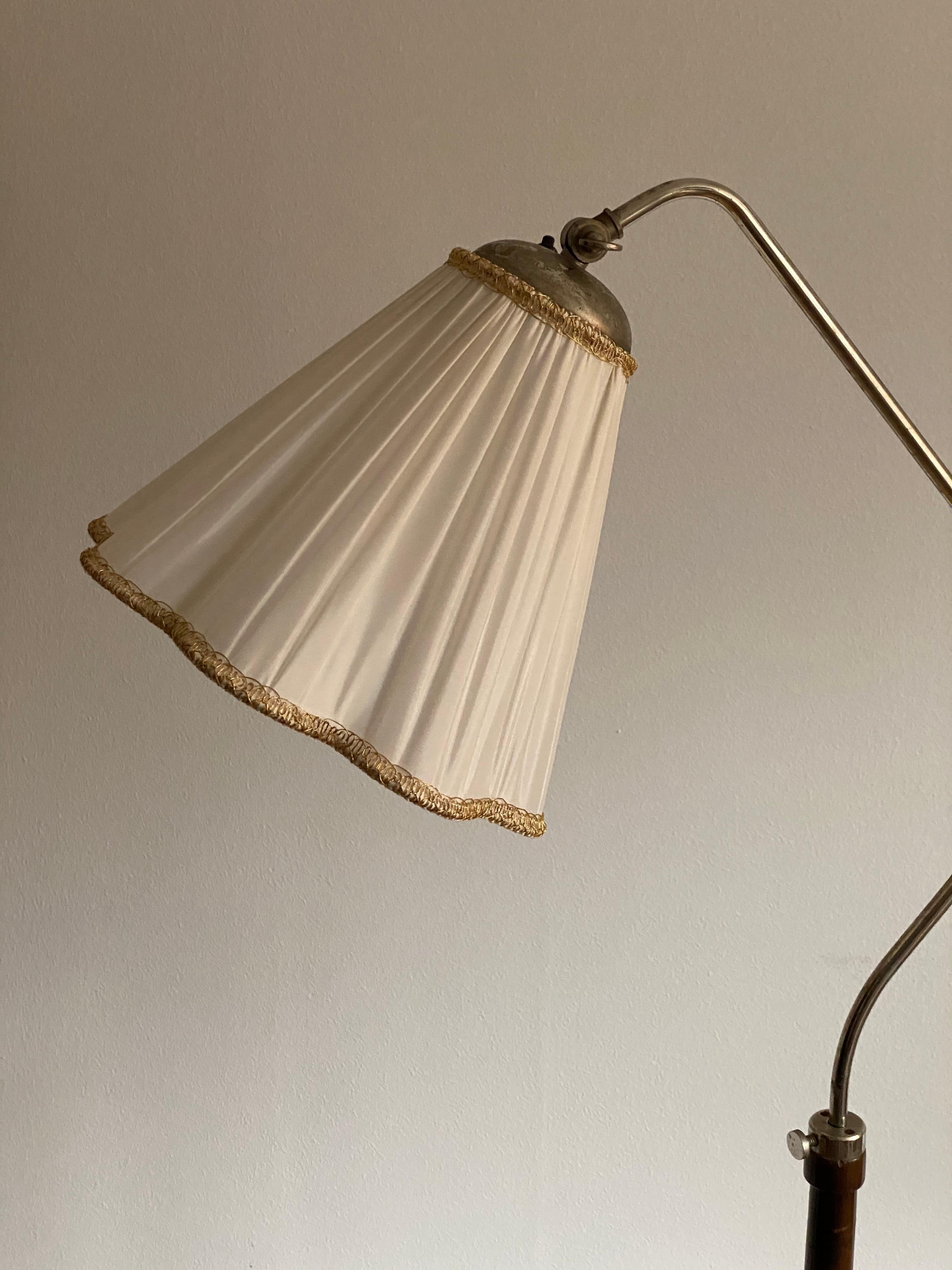 Swedish Designer, Organic Functionalist Floor Lamp, Metal, Wood, Fabric 1940s In Good Condition In High Point, NC