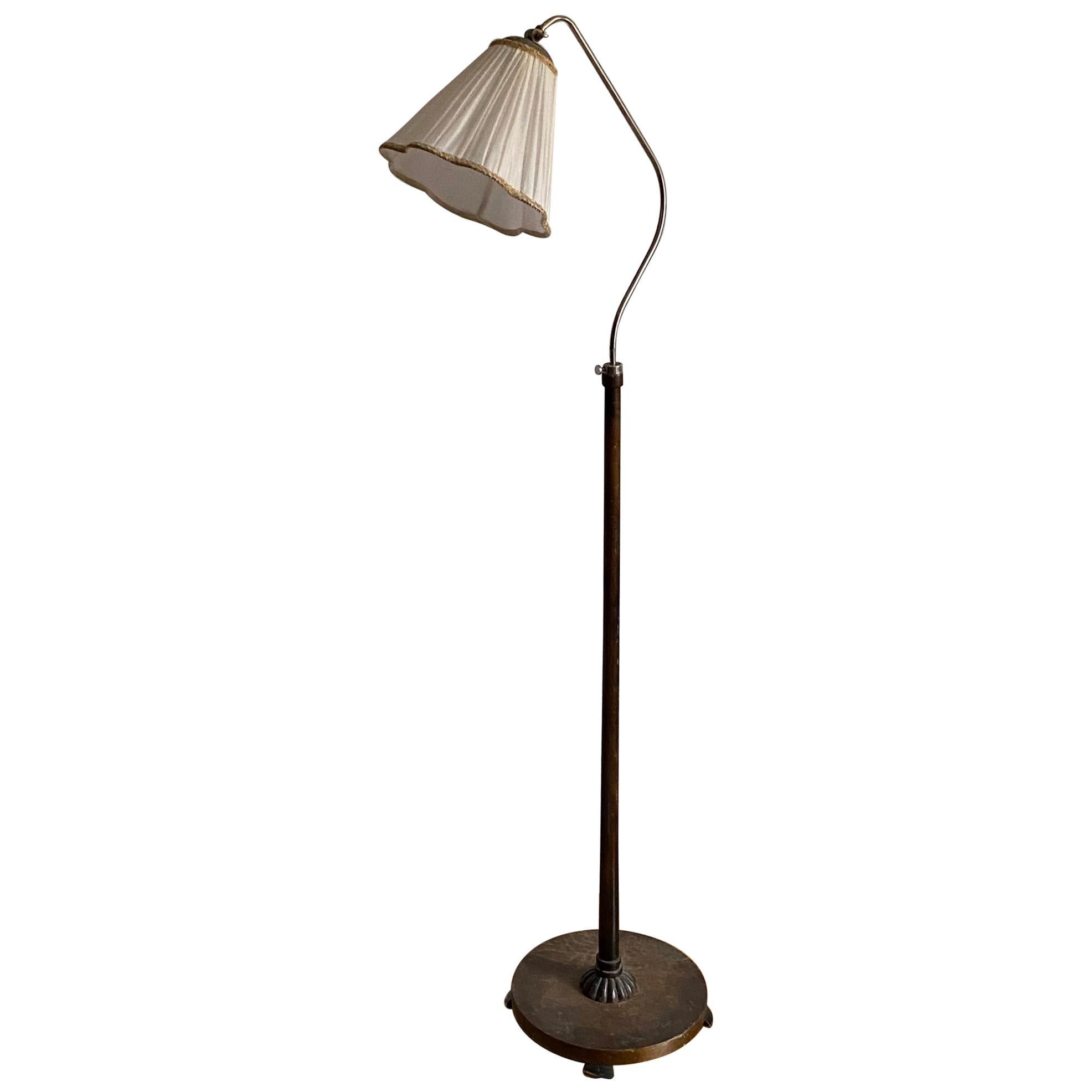 Swedish Designer, Organic Functionalist Floor Lamp, Metal, Wood, Fabric 1940s