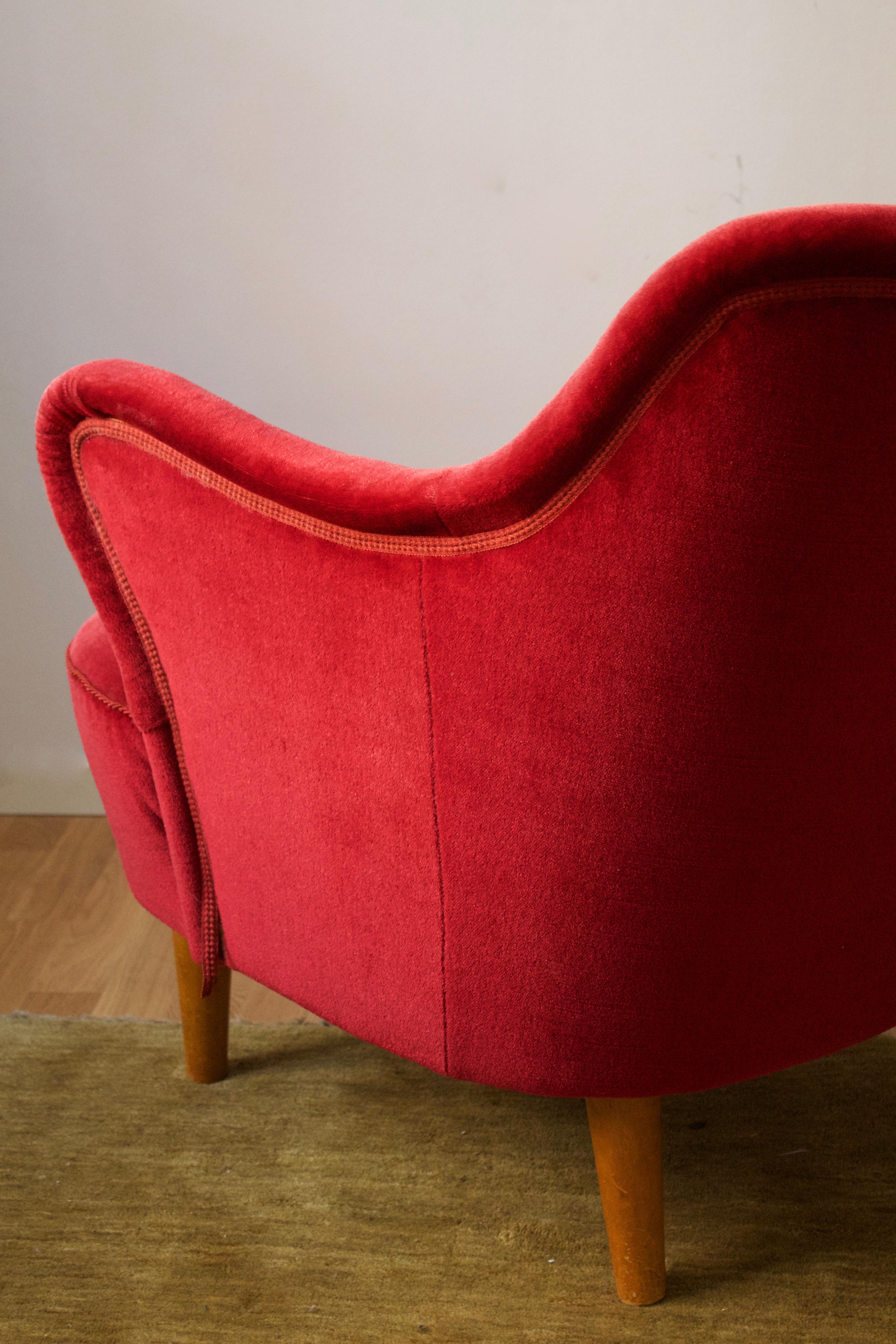 Scandinavian Modern Swedish Designer, Organic Lounge Chair, Red Velvet, Light Wood, Sweden, 1940s