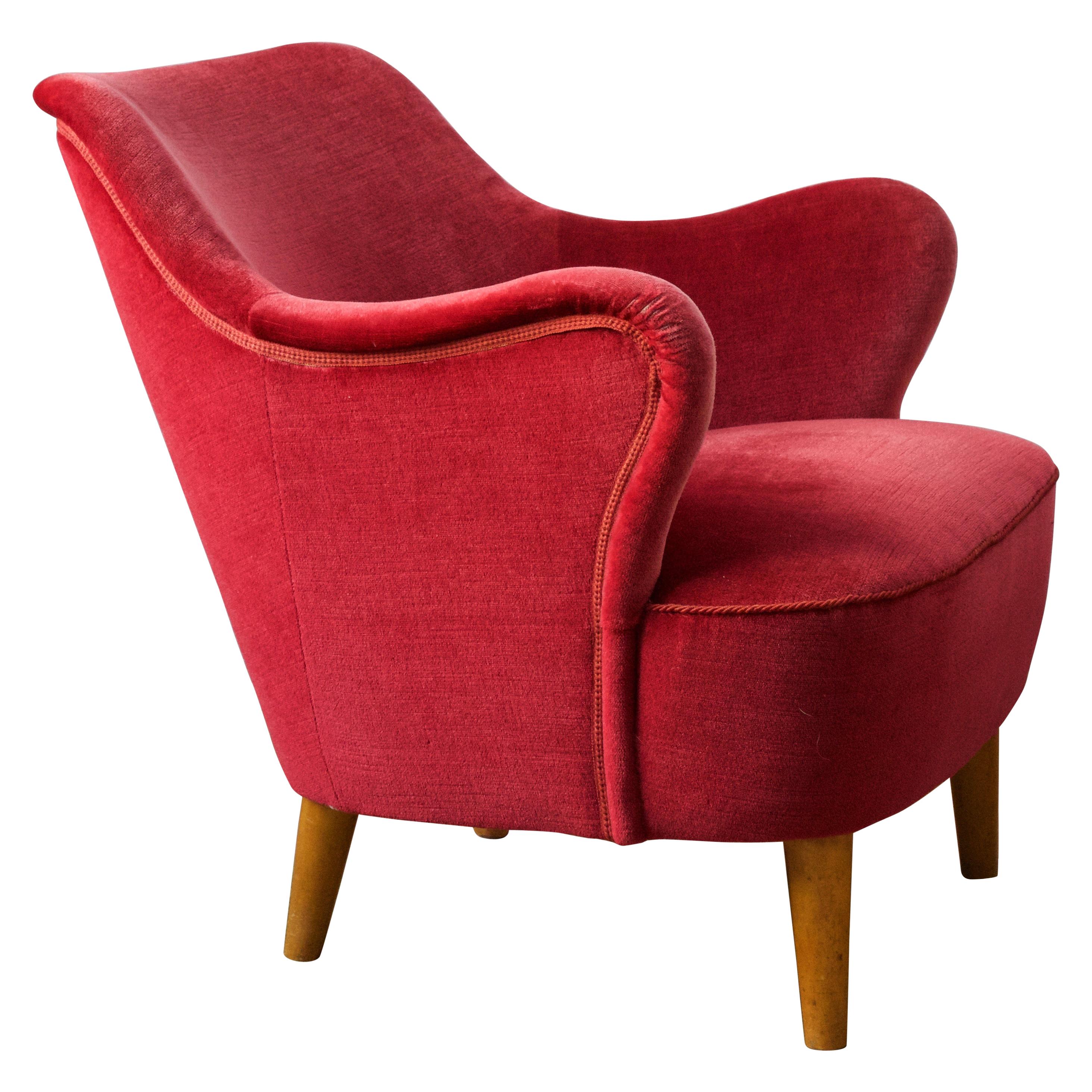 Swedish Designer, Organic Lounge Chair, Red Velvet, Light Wood, Sweden, 1940s