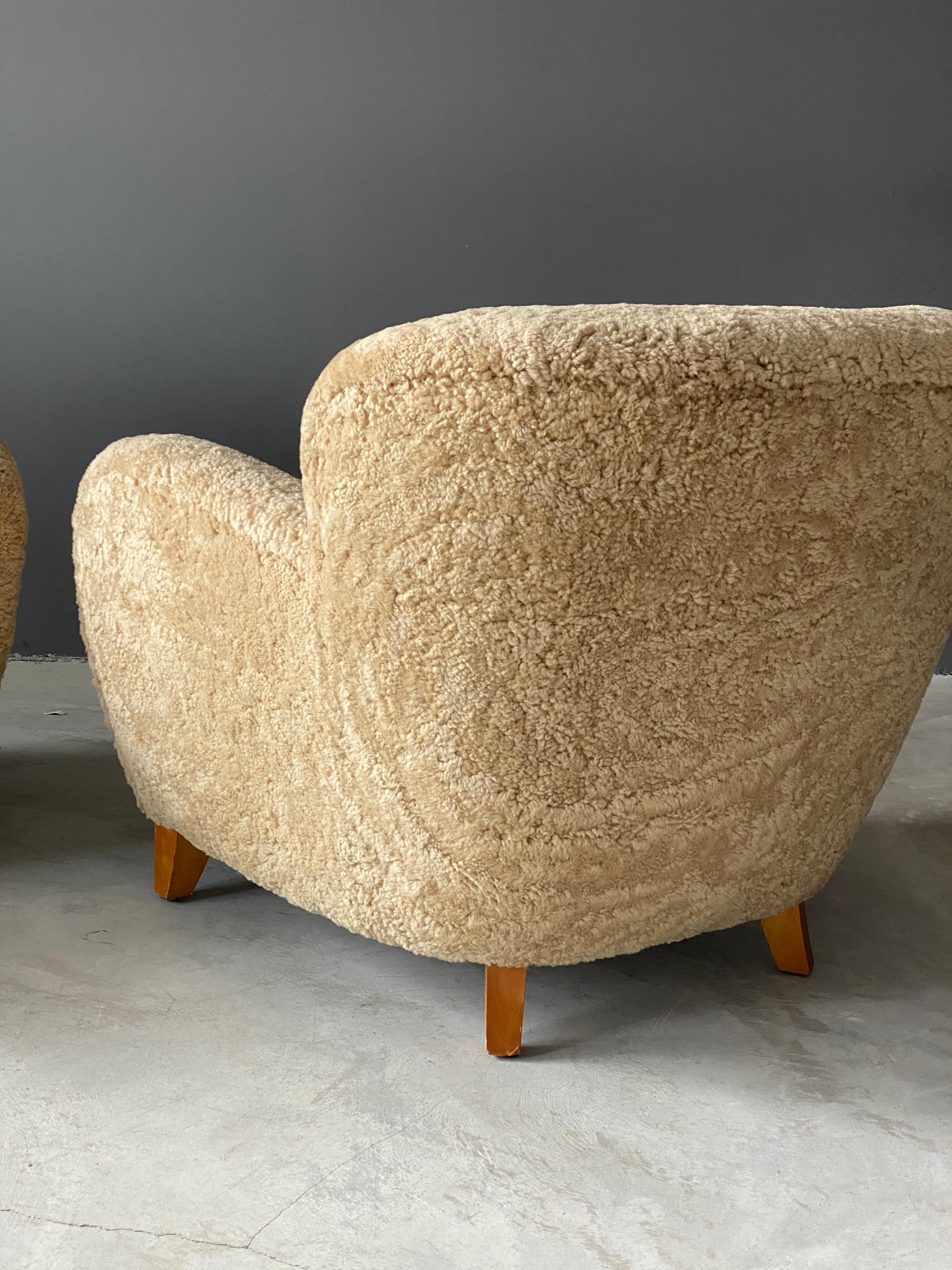 Swedish Designer, Organic Lounge Chairs, Sheepskin, Stained Wood, Swedish, 1940s 1