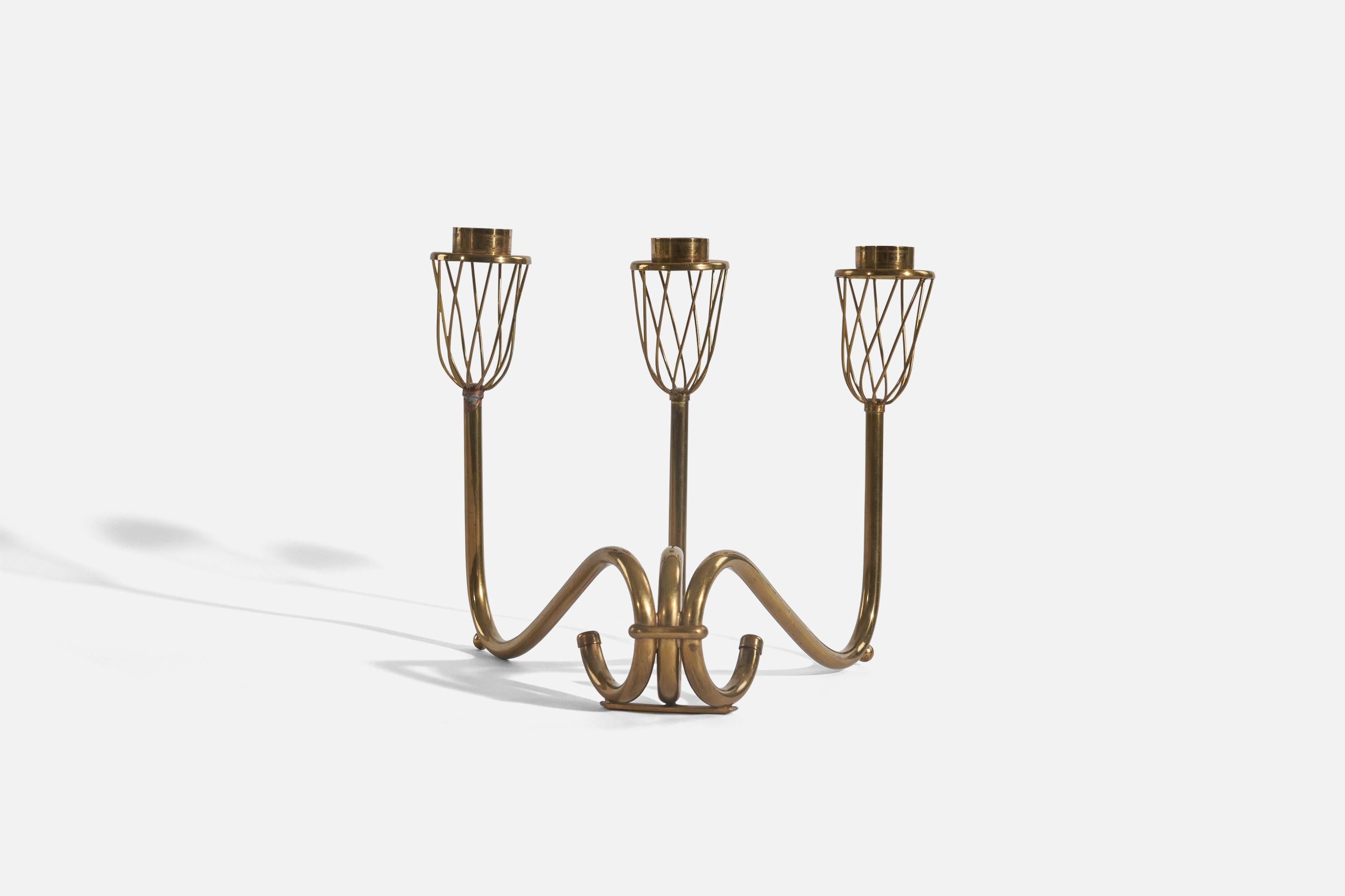 Scandinavian Modern Swedish Designer, 3-Armed Candelabra, Brass, Sweden, 1940s For Sale