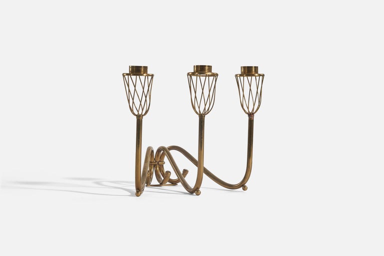 Swedish Designer, 3Armed Candelabra, Brass, Sweden, 1940s For Sale at