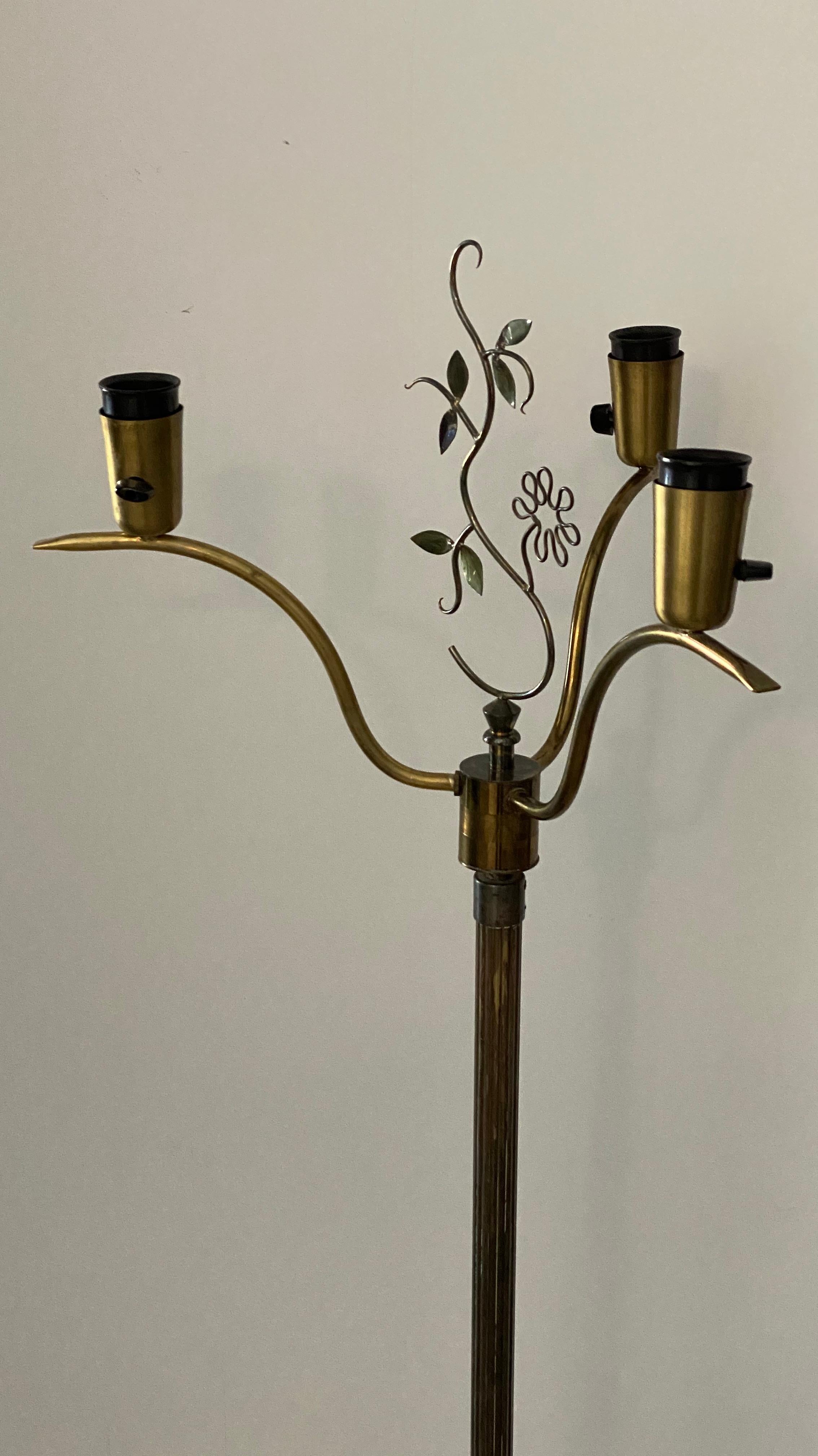 Swedish Designer, Organic Modernist Floor Lamp, Brass, Fabric, Sweden, 1940s 2