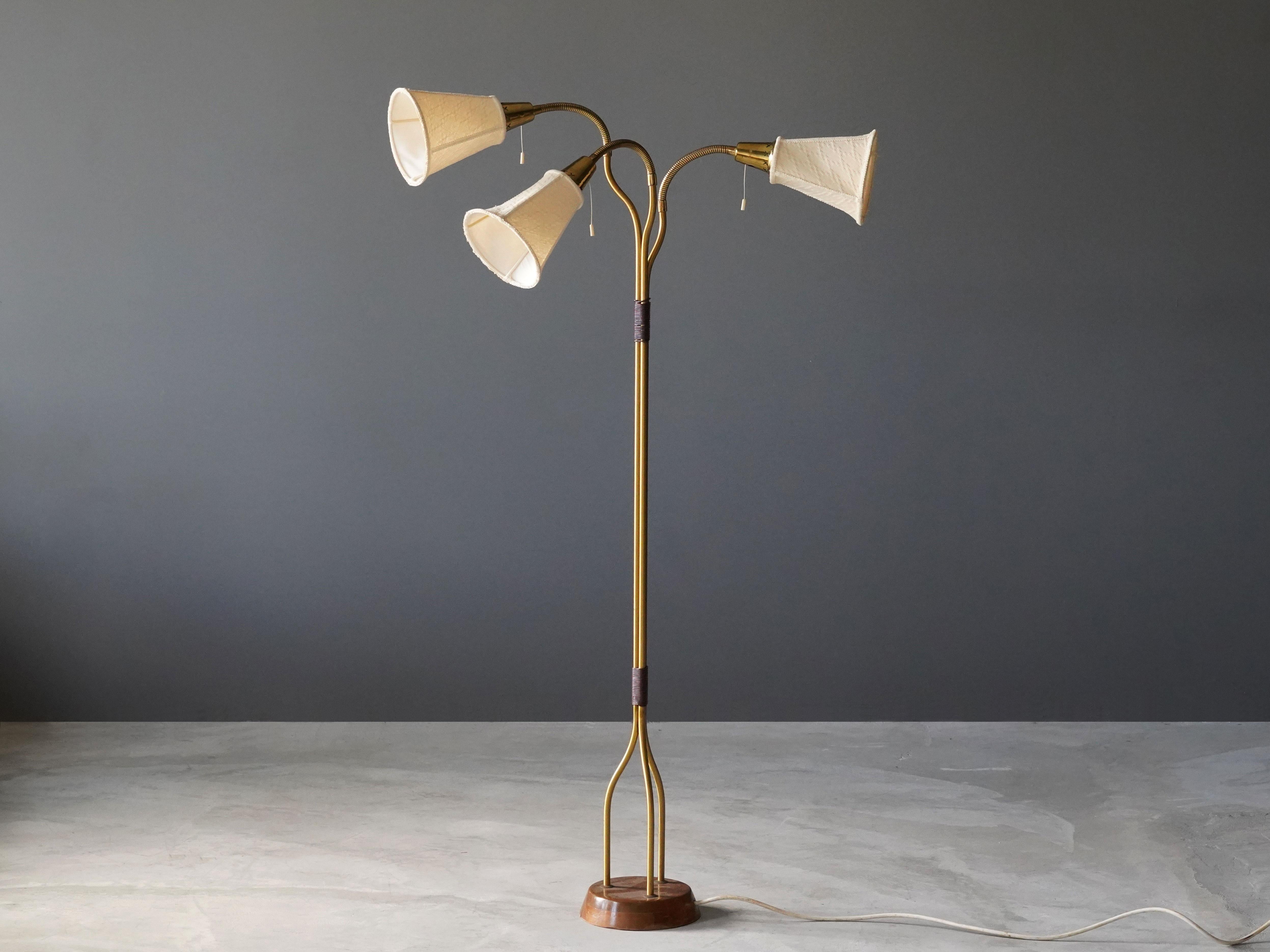 Swedish Designer, Organic Modernist Floor Lamp, Brass, Teak, Fabric, 1950s  For Sale at 1stDibs