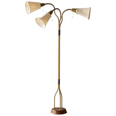 Swedish Designer, Organic Modernist Floor Lamp, Brass, Teak, Fabric, 1950s